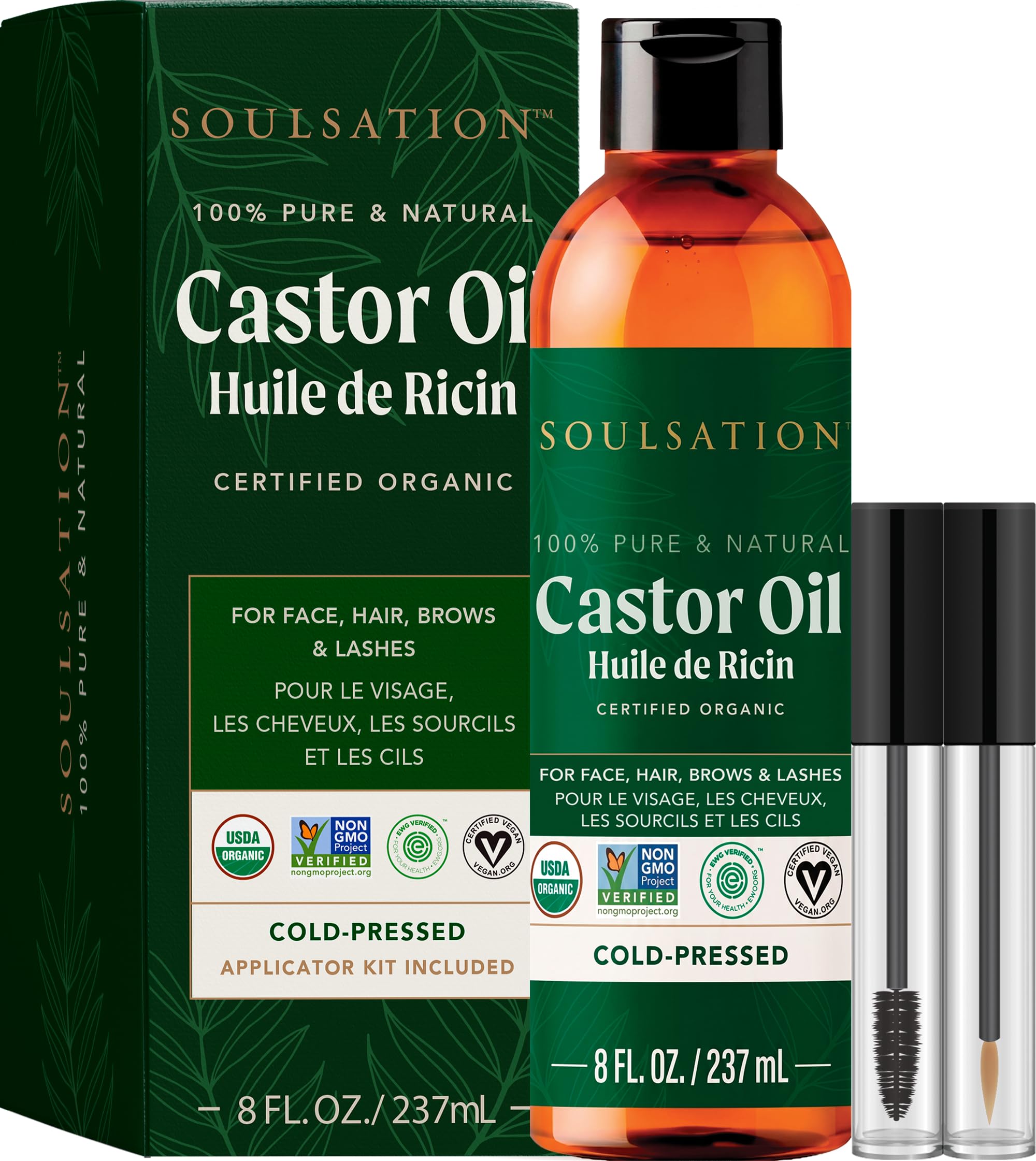 SOULSATION Castor Oil Organic Cold Pressed for Eyelashes, Hair & Skin, 8oz