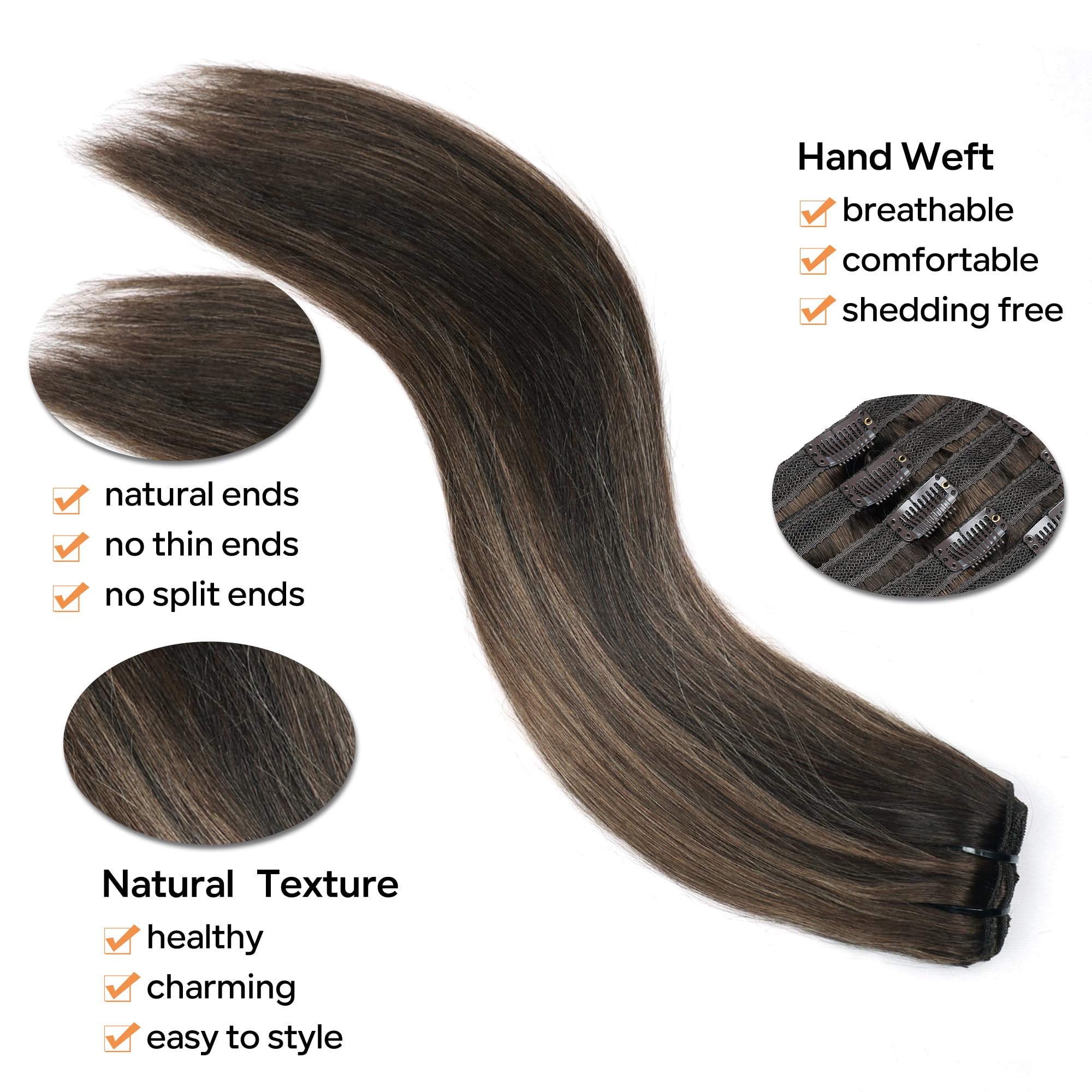 Pobokix Straight Clip In Hair Extensions Real Human Hair 8Pcs Clip In Balayage Dark Brown to Chestnut Brown Human Hair Extension