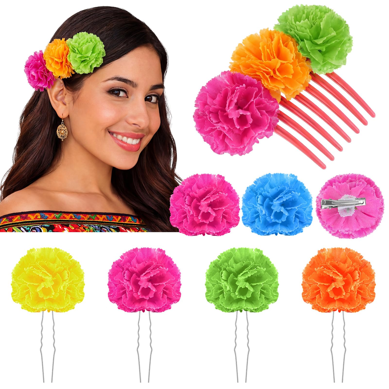 Syhood 7 Pcs Mexican Flower Hair Clips for Women Floral Hair Accessories Headpiece Marigold Flowers for Dia De Los Muertos Cinco