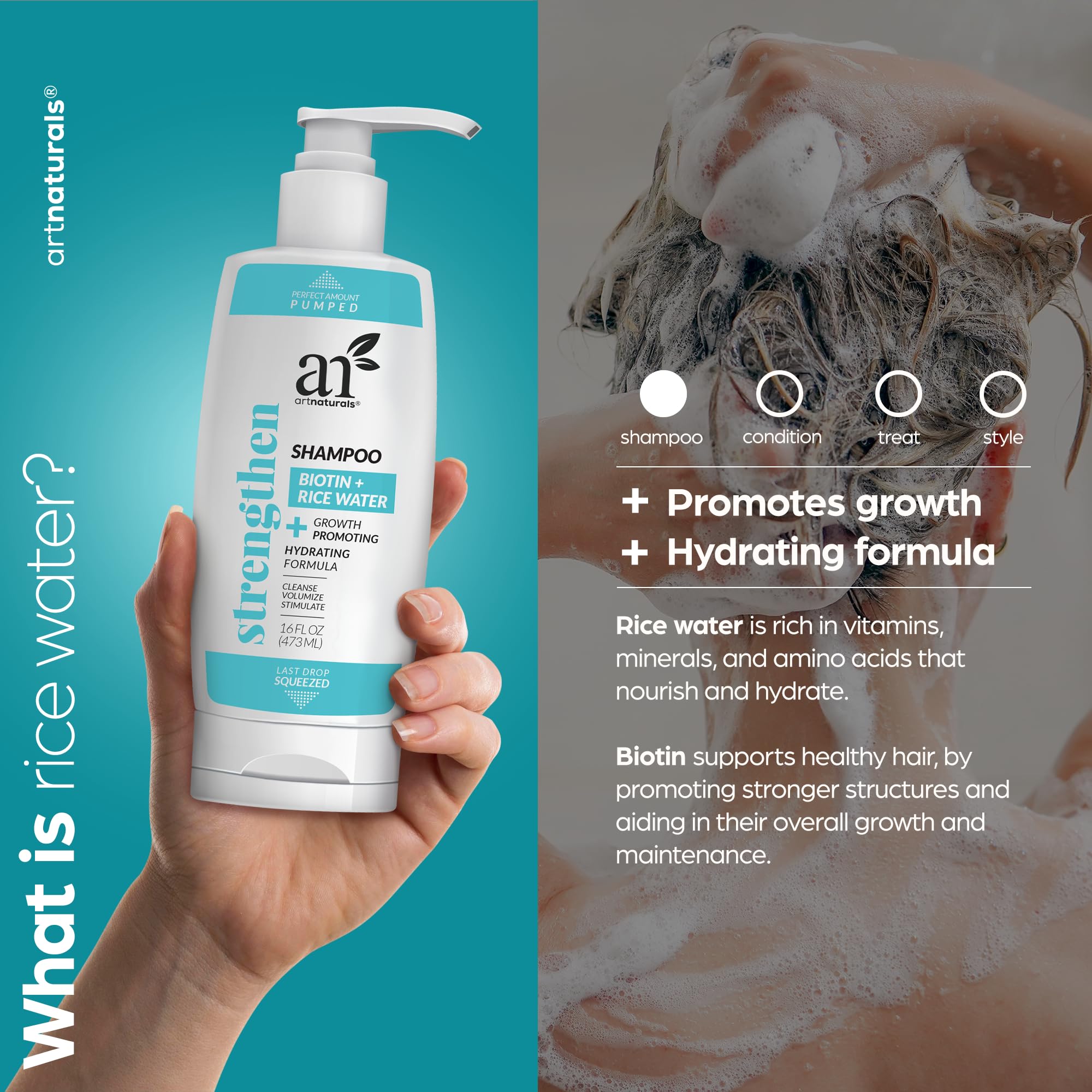 Artnaturals Rice Water + Biotin Shampoo - (16 Fl Oz / 473ml) - Sulfate Free - Dual Bottle -Made with Banana, Quinoa, and Coconut