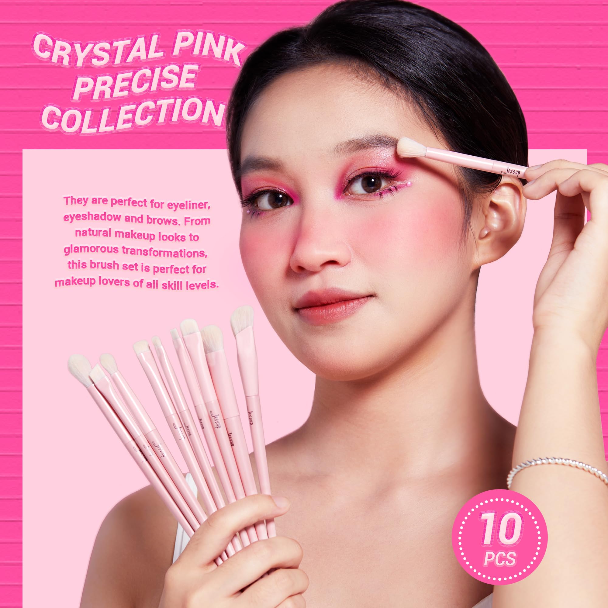 Jessup Eyeshadow Brush Set 10Pcs Pink Eye Makeup Brushes concealer Brush Premium Synthetic Eye Shadow Eyeliner Smudge crease Ble