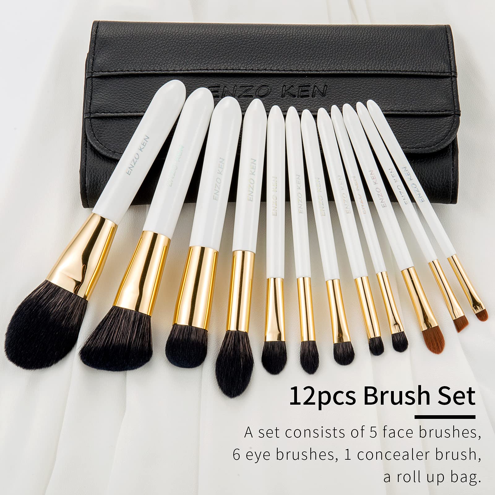 ENZO KEN Natural Black Goat Hair Makeup Brush Set with Case, Natural Hair Makeup Brushes Set Professional, Make up Brushes Set P