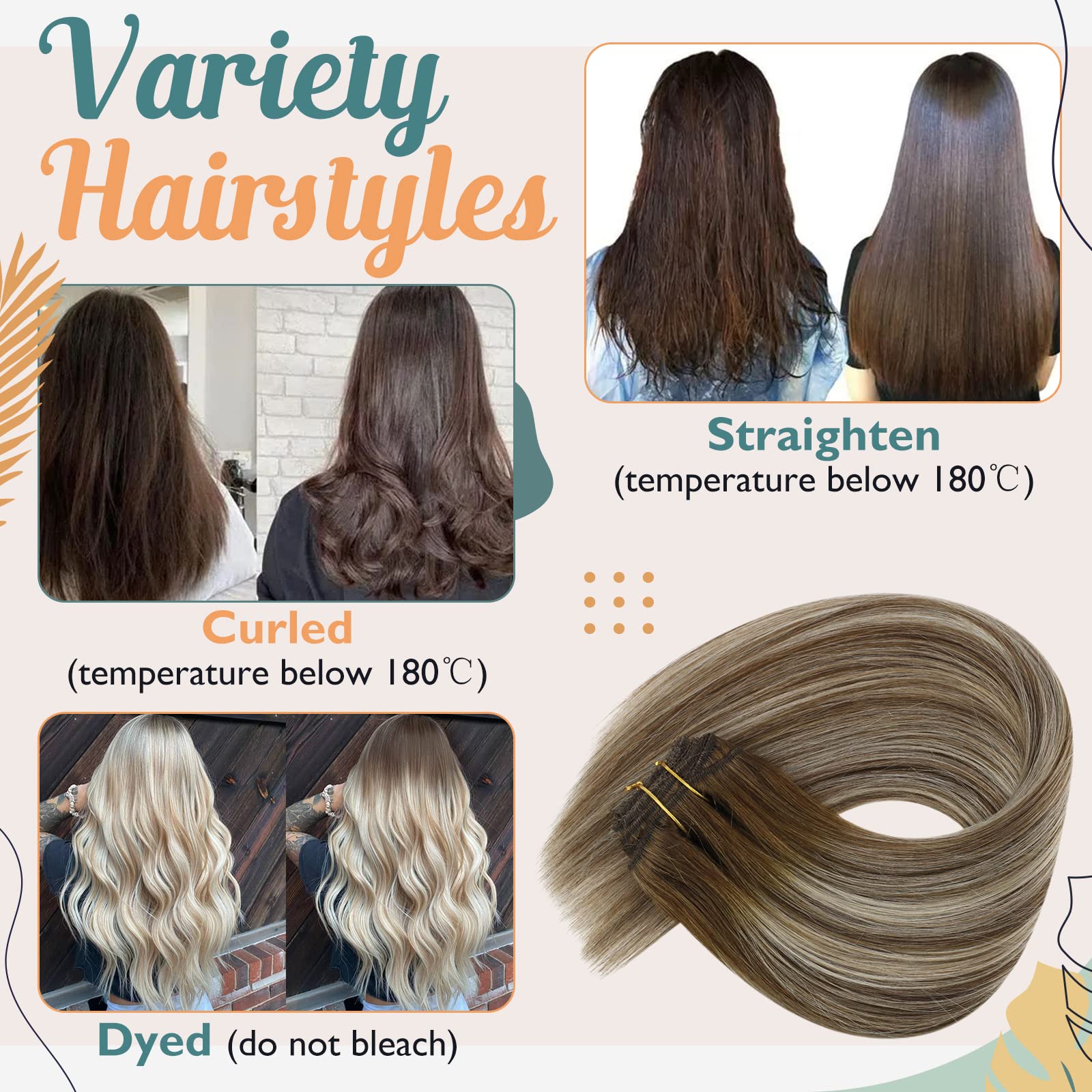 Sunny Clip on Hair Extensions Human Hair Balayage Clip in Hair Extensions Ombre Meidum Brown to Platinum Blonde Invisible Clip i