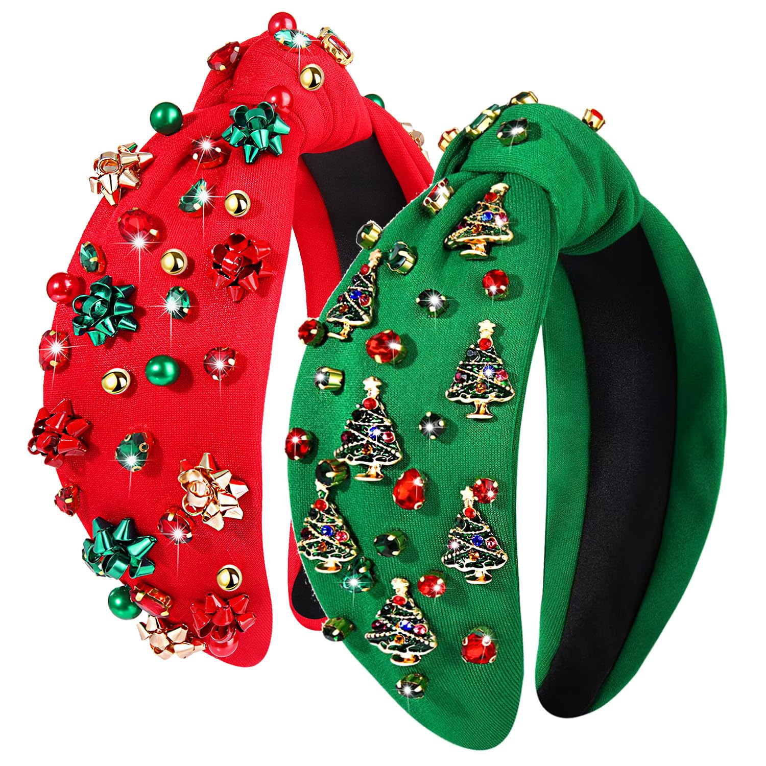 CEALXHENY 2PCS Christmas Headband for Women - Xmas Bow & Tree Knotted Headband with Red Green Crystal Pearl Jeweled Top Knot - F