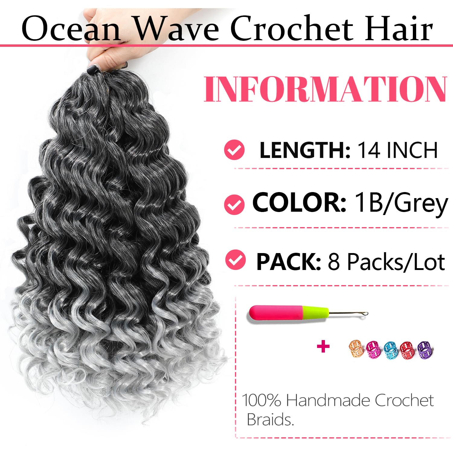Ocean Wave Crochet Hair 14 Inch 8 Packs Deep Wave Crochet Hair Synthetic Curly Crochet Braiding Hair For Black Women (14 Inch, 8