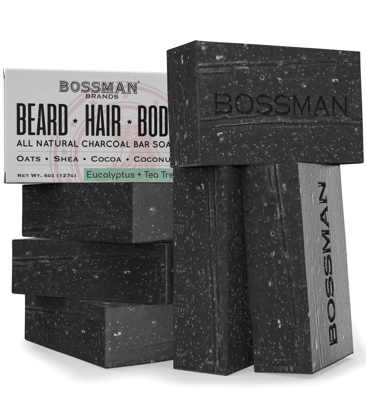 6 Pack Bossman Mens Bar Soap 4-In-1 Natural Organic Beard Wash, Shampoo, Body Wash, Shaving And Bath Soap - Essential Beard Care