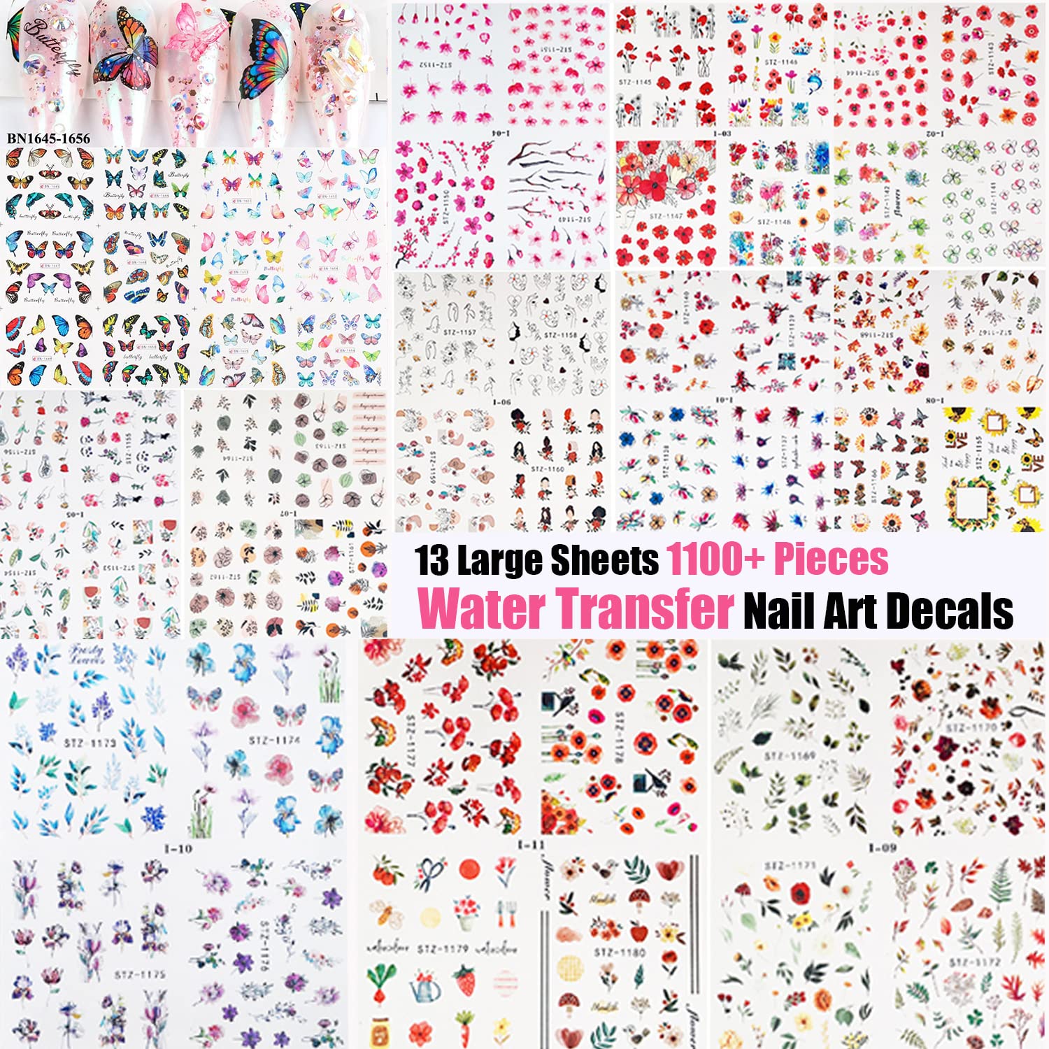 13 Sheets Nail Art Stickers,Nail Art Decoration Kit With 1100+ Pieces Nail Water Decals Crystal Rhinestones 3D Butterfly Nail Ar