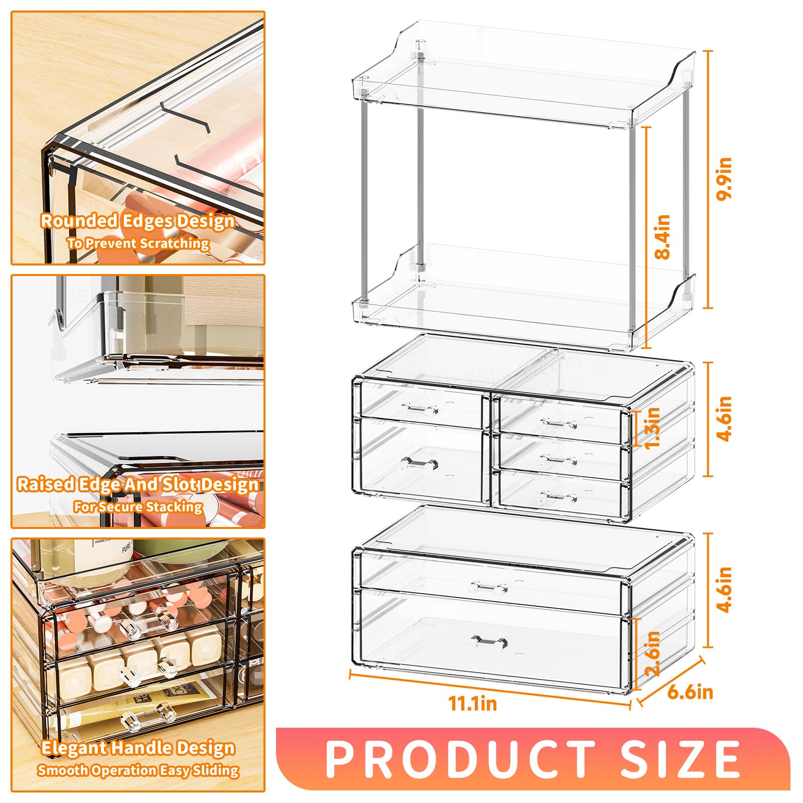 Yieach 3 Pack Clear Bathroom Counter Organizer With Drawers - Stackable Design,19.1'' Tall Large Capacity - Suitable As Makeup O