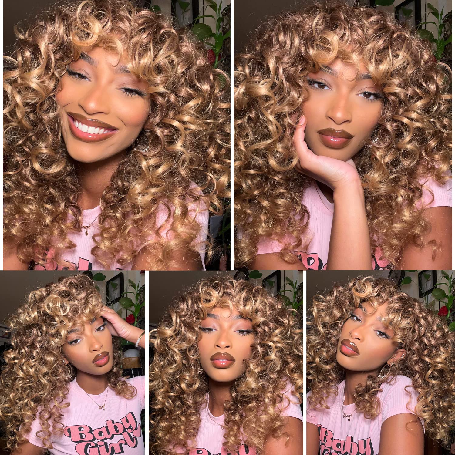 Annivia Curly Wig With Bangs For Black Women Ombre Blonde Kinky Long Curly Shag Synthetic Hair Wigs Daily Use Cosplay 17 Inch