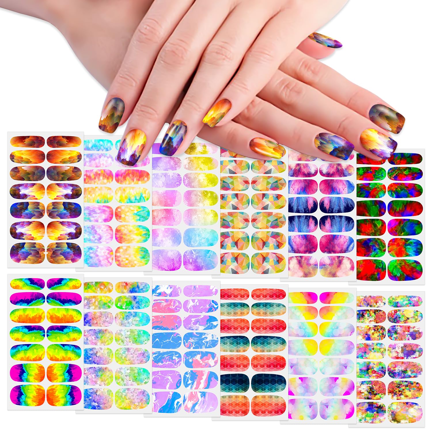WOKOTO 12 Sheets Graffiti Nail Polish Stickers Full Nail Wraps for Women Aurora Gradient Gel Nail Strips Nail Polish Strips for 