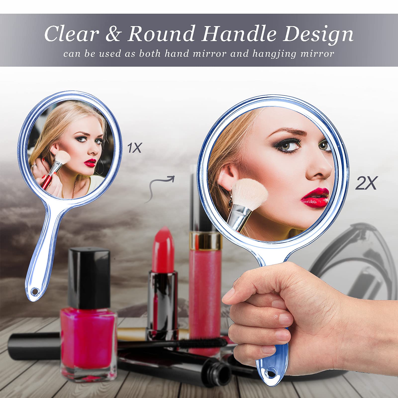 Jetec Hand Mirror Double Sided Handheld Mirror 1X/ 2X Magnifying Mirror with Handle Mirror Rounded Shape Makeup Mirror (Blue)