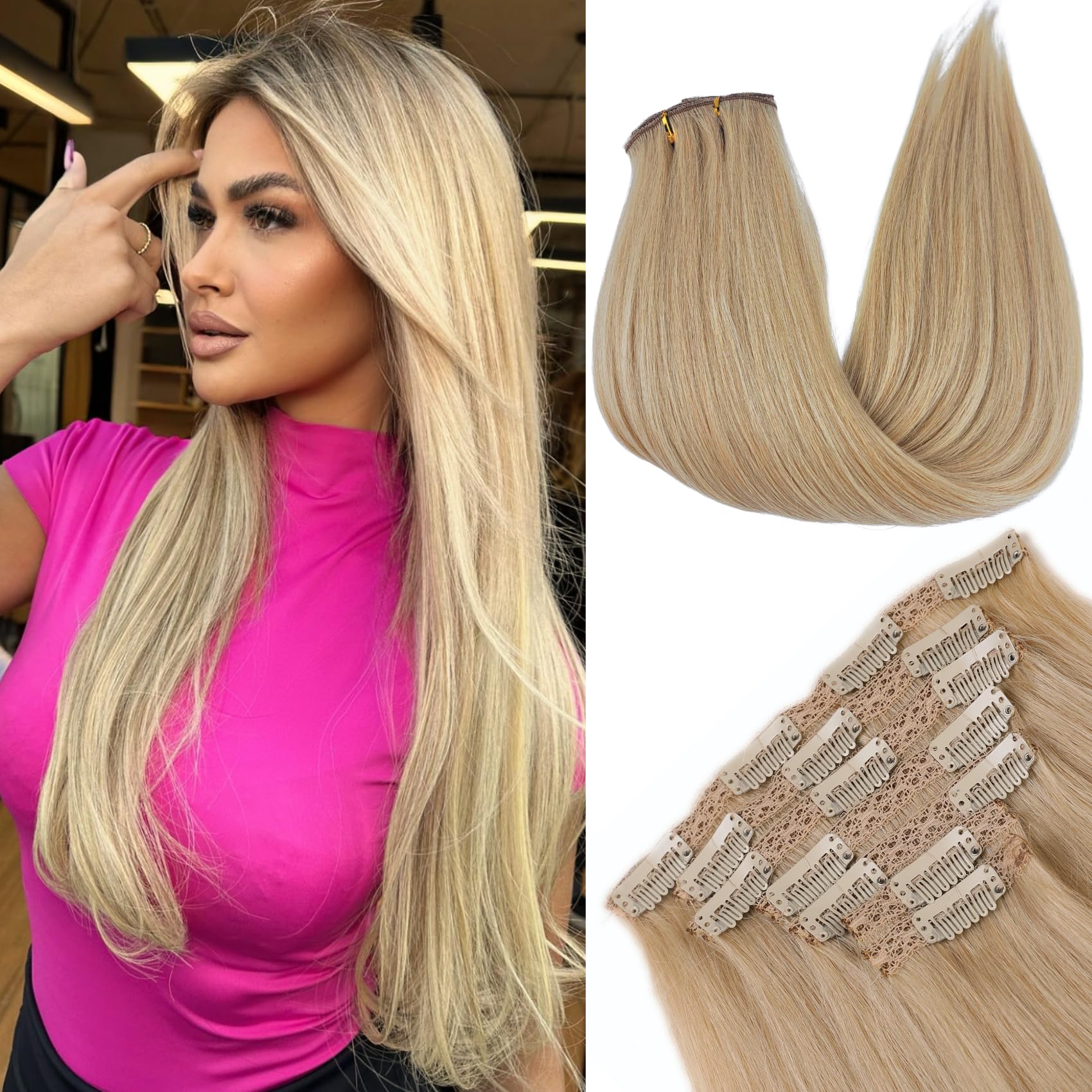 Chanpagne Clip In Hair Extensions 24Inch Seamless Straight Clip In Extensions for Women Professional Salon Clip-in Hair Extensio