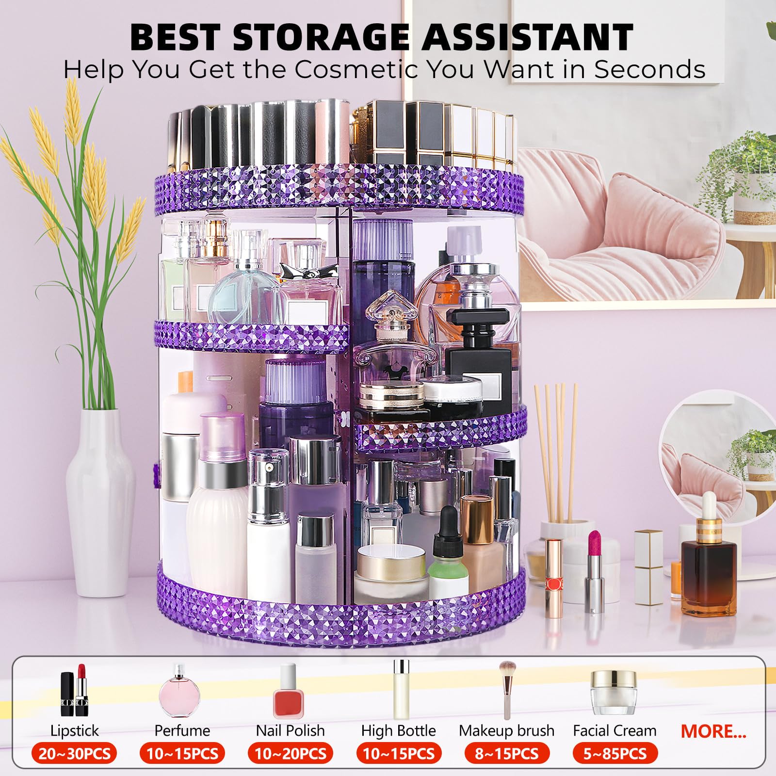 HEMTROY 360 Degree Rotating Makeup Organizer, Extra Large Capacity Cosmetics Organizer, Removable 7 Layers Skincare Organizers,