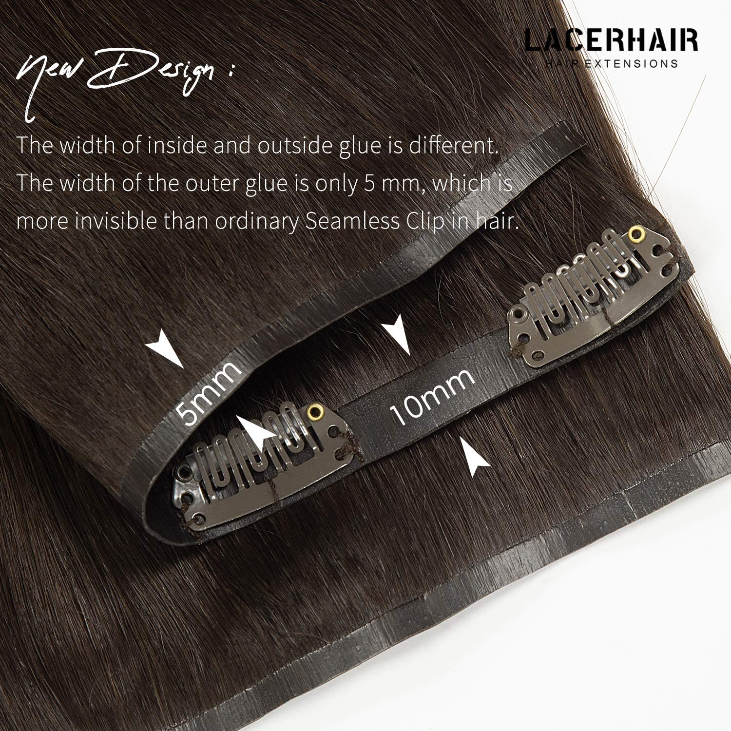 Lacer Hair Seamless Hair Extensions Clip in Human Hair #2 Darkest Brown Ultra Thin Double Weft PU Invisible Clip in Hair Extensi