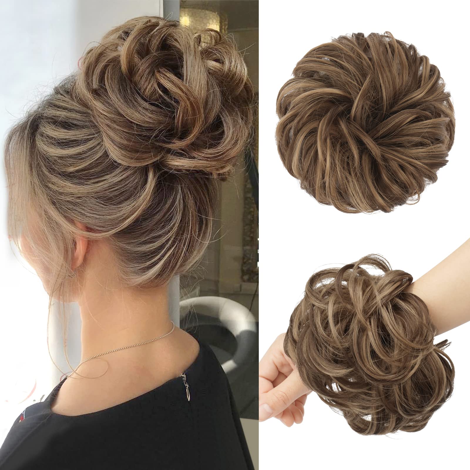FESHFEN Messy Bun Hair Piece Curly Wavy Large Hair Bun Scrunchies Extensions Light Ash Brown Mixed Golden Brown Synthetic Tousle