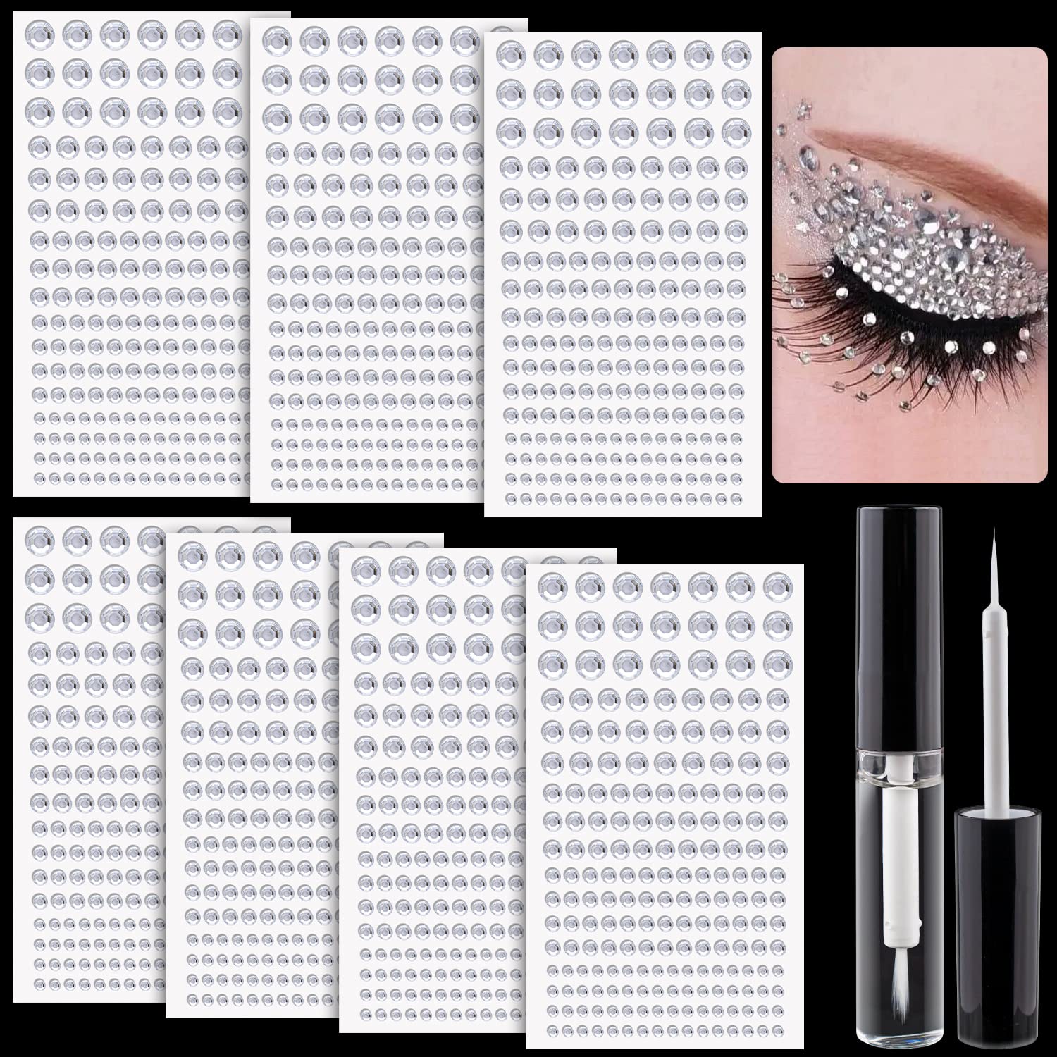 1379 Pcs of Rhinestone Stickers 3/4/5/6/8mm Clear Self Adhesive Face Gems, Stick on Body Crystal Jewels with Quick Dry Makeup Gl
