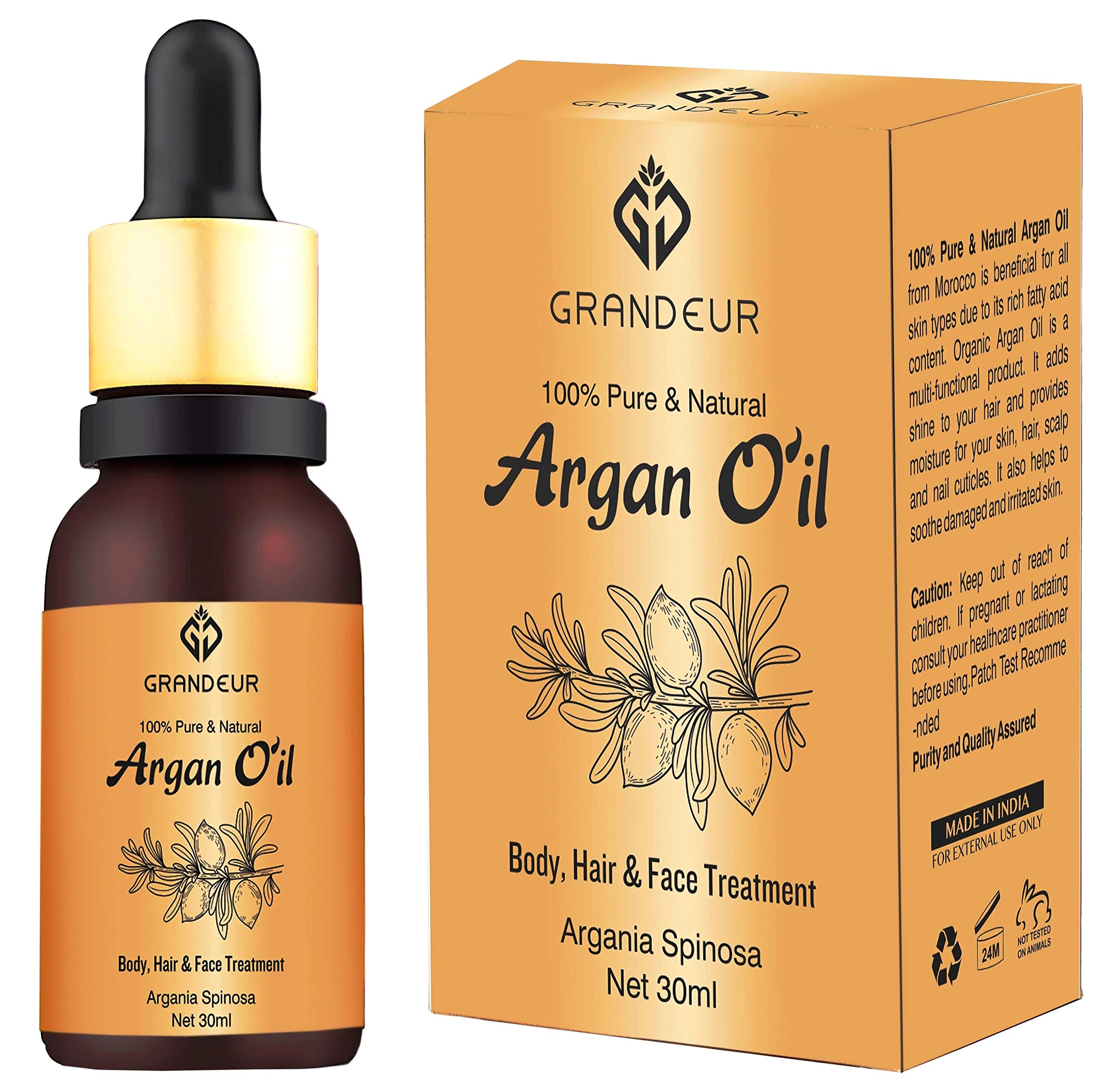 Grandeur 100% Pure And Natural Moroccan Argan Oil 30Ml, For Dry And Coarse Hair & Skin Care 30Ml | Hair Fall Control | Hair Gro