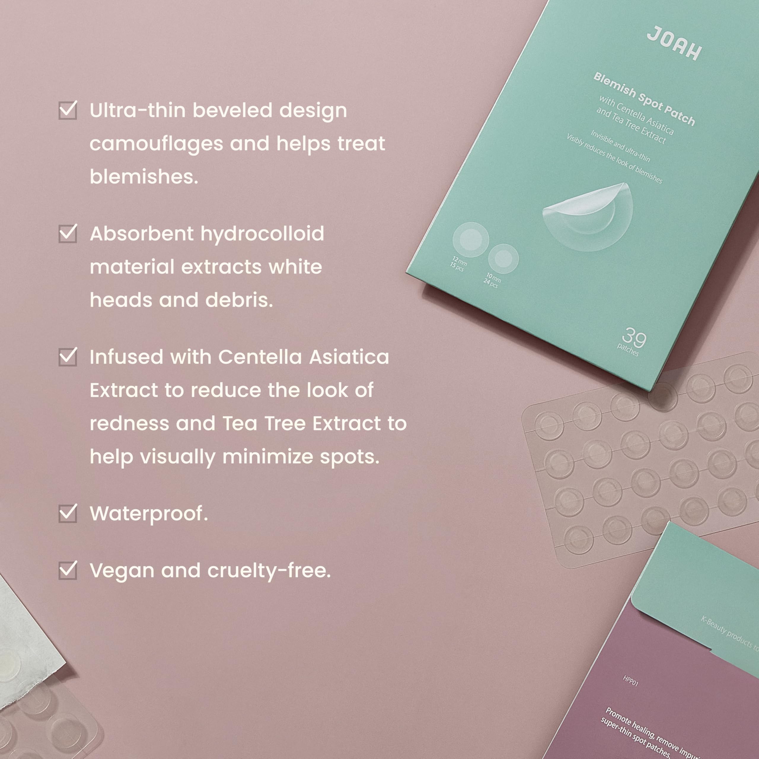 Joah Heal Me Cica Spot Patch, Hydrocolloid Korean Skin Care Spot Patches With Centella Asiatica, 39 Patches, White