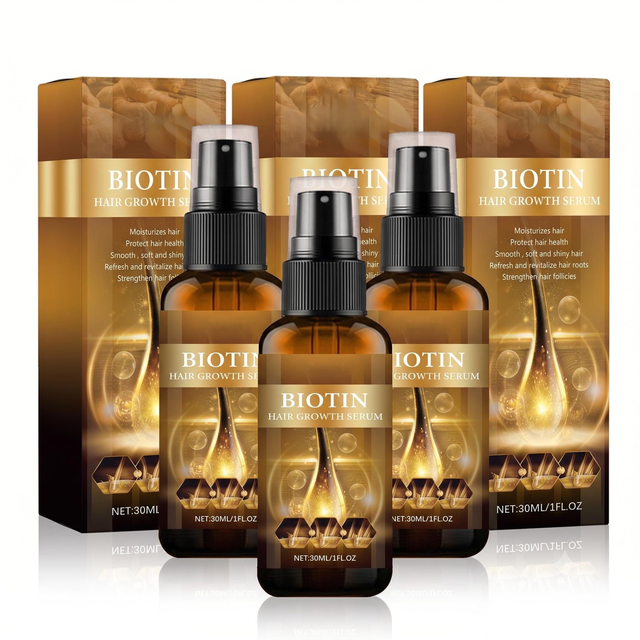Biotin Hair Growth Serum Spray with Ginger Root Extract, Strengthens Hair Follicles, Reduces Split Ends, 1 fl oz, Pack of 3
