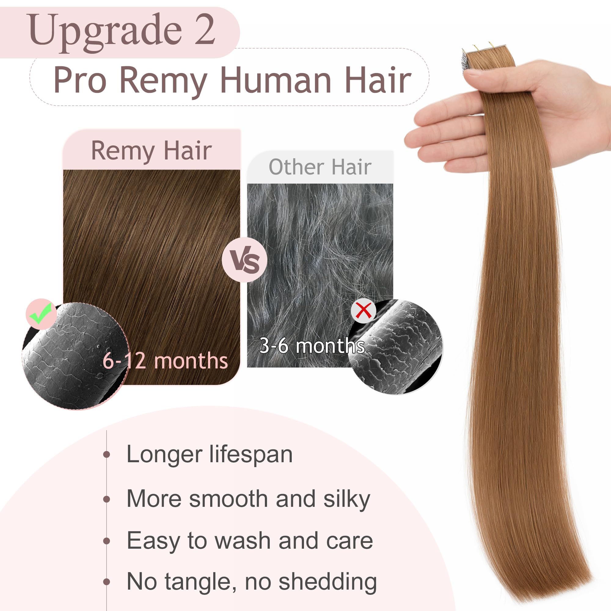 SEGO Tape In Hair Extensions Human Hair Light Brown 18 Inch New Upgrade Pro Remy Hair Longer Lifespan Double Weft Invisible Tape
