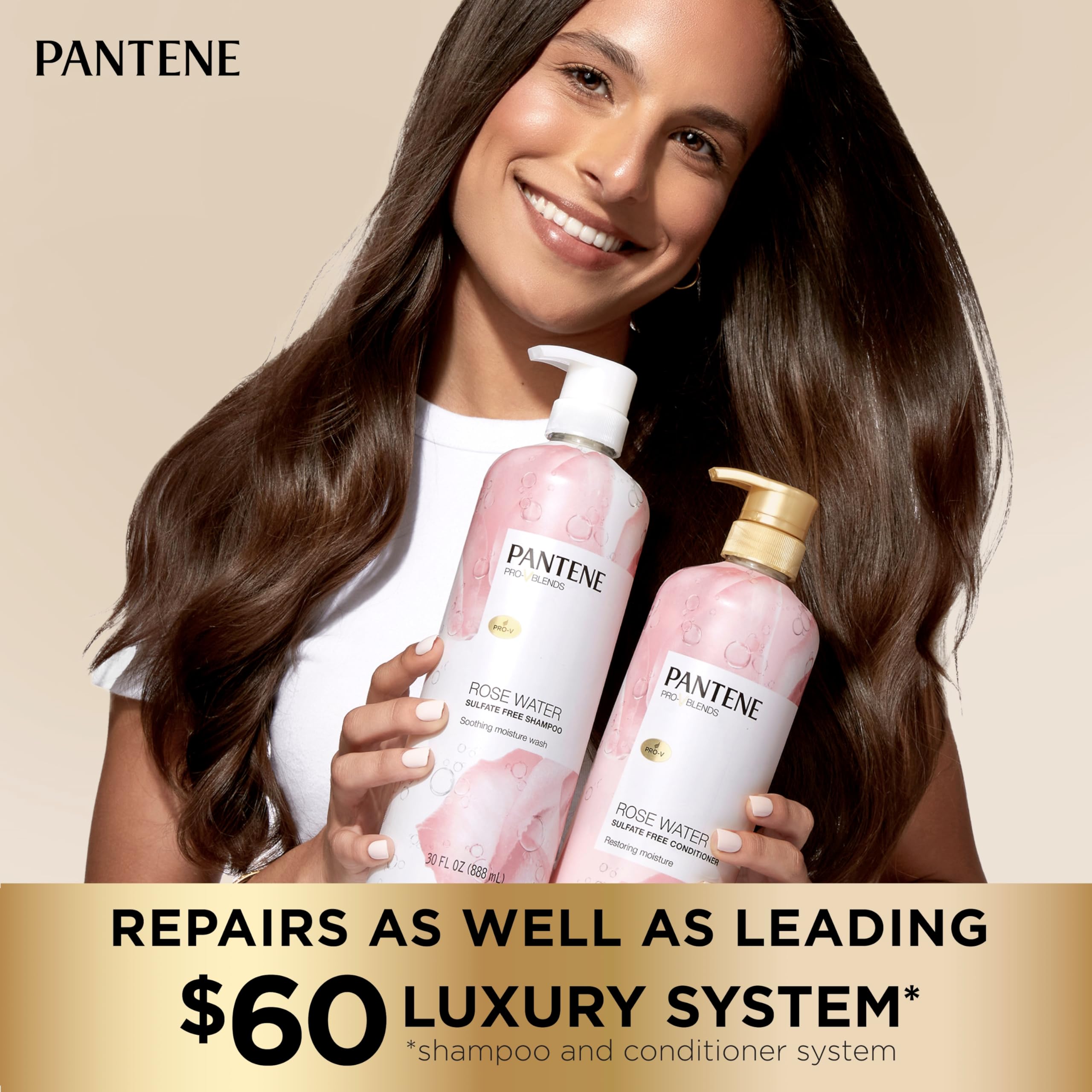Pantene Sulfate Free Rose Water Shampoo, Soothes, Replenishes Hydration, Safe For Color Treated Hair, Nutrient Infused With Vita