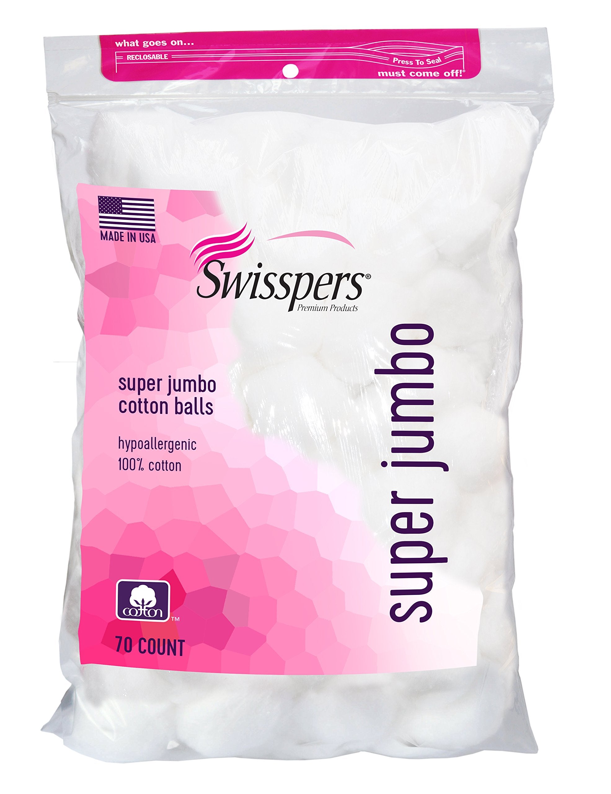 Swisspers Premium 100% Cotton Balls, Hypoallergenic, Super Jumbo Size, 70-Count Bags, 12-Pack (840 Balls Total)