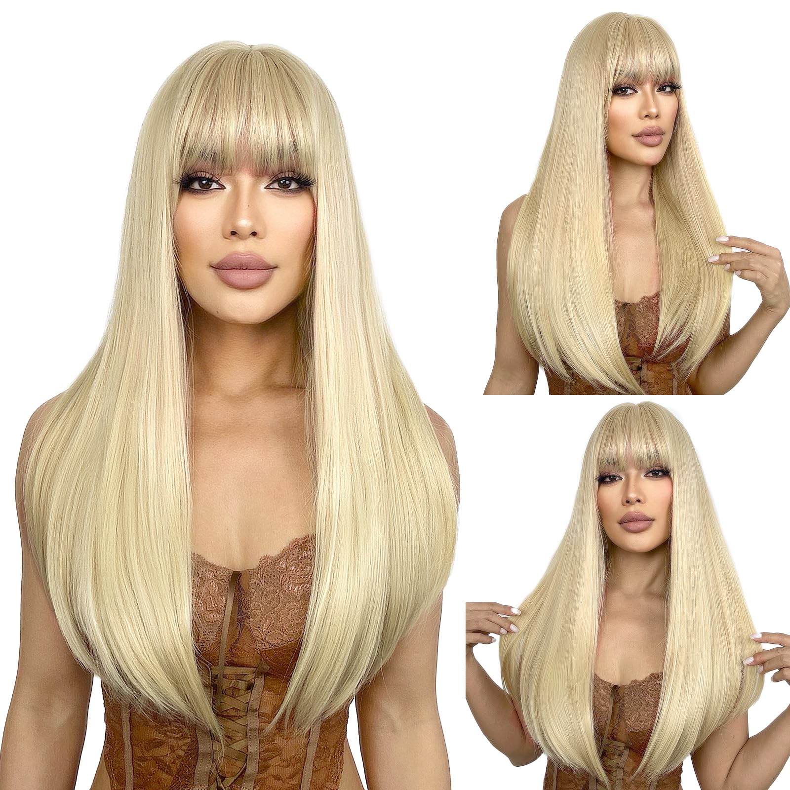 SUKRI Long Blonde Wig with Bangs Straight Blonde Wig for Women Natural Looking Hair Wigs 22 Inch Synthetic Wigs for Girls Daily 
