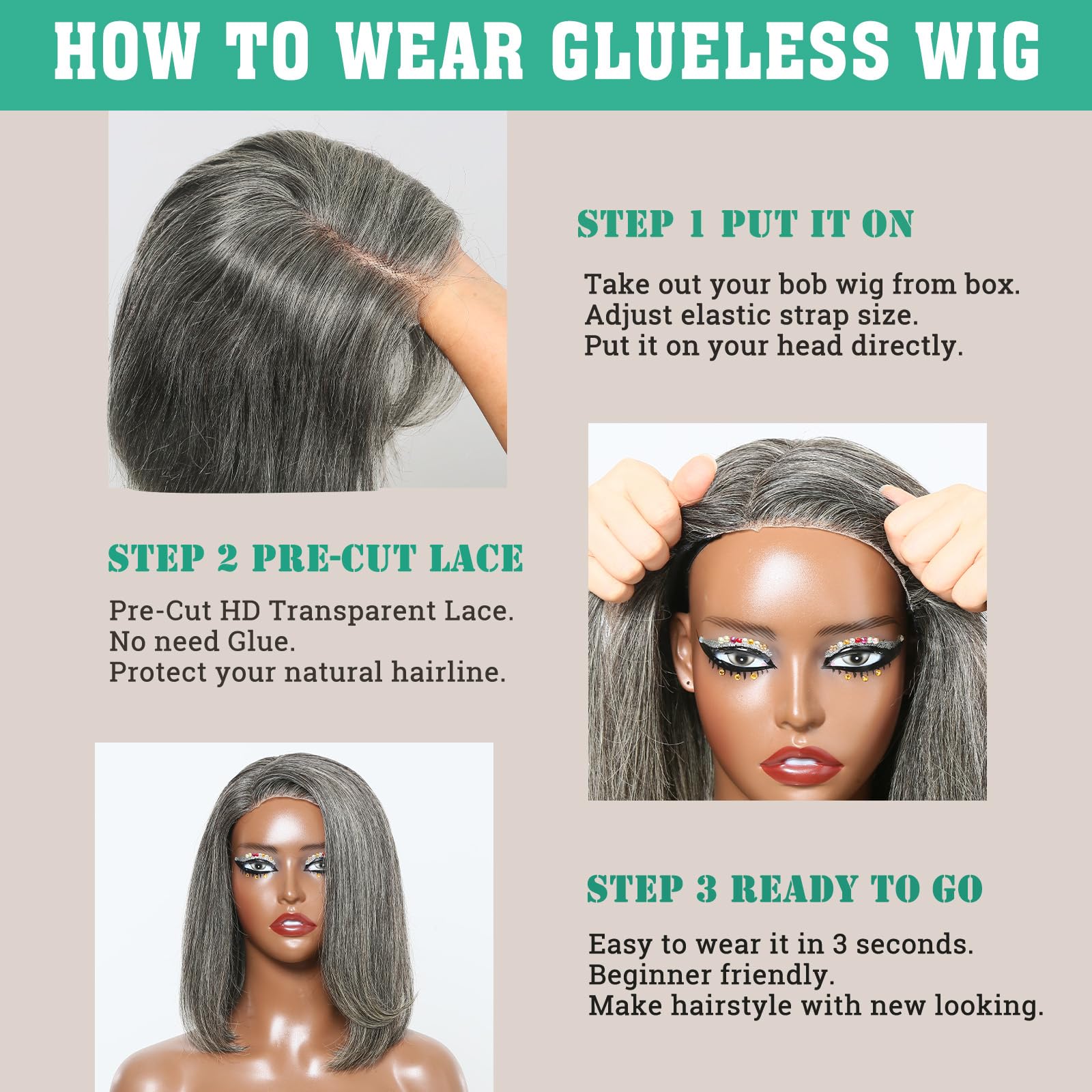 Baohuke 12'' Glueless Salt And Pepper Human Hair Wigs Staight Grey Bob Wig Human Hair 5X5 Closure Grey Hd Lace Front Human Hair