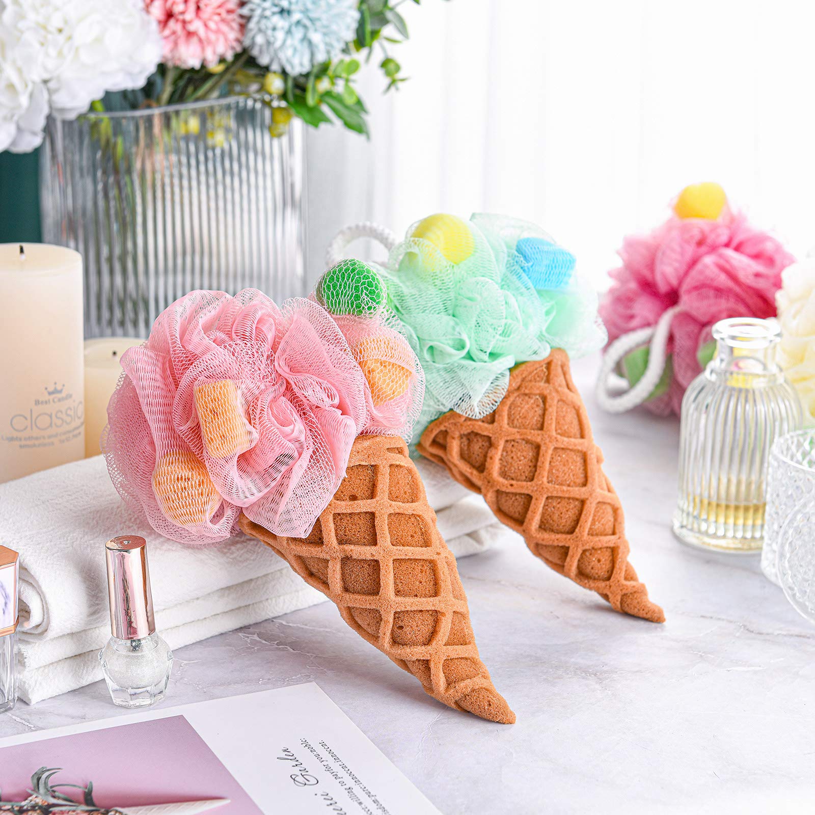 4 Pieces Kids Loofah Ice Cream Cone Bath Sponge Kids Bath Shower Sponge Body Scrubber Exfoliating Loofah For Kids Spa Shower