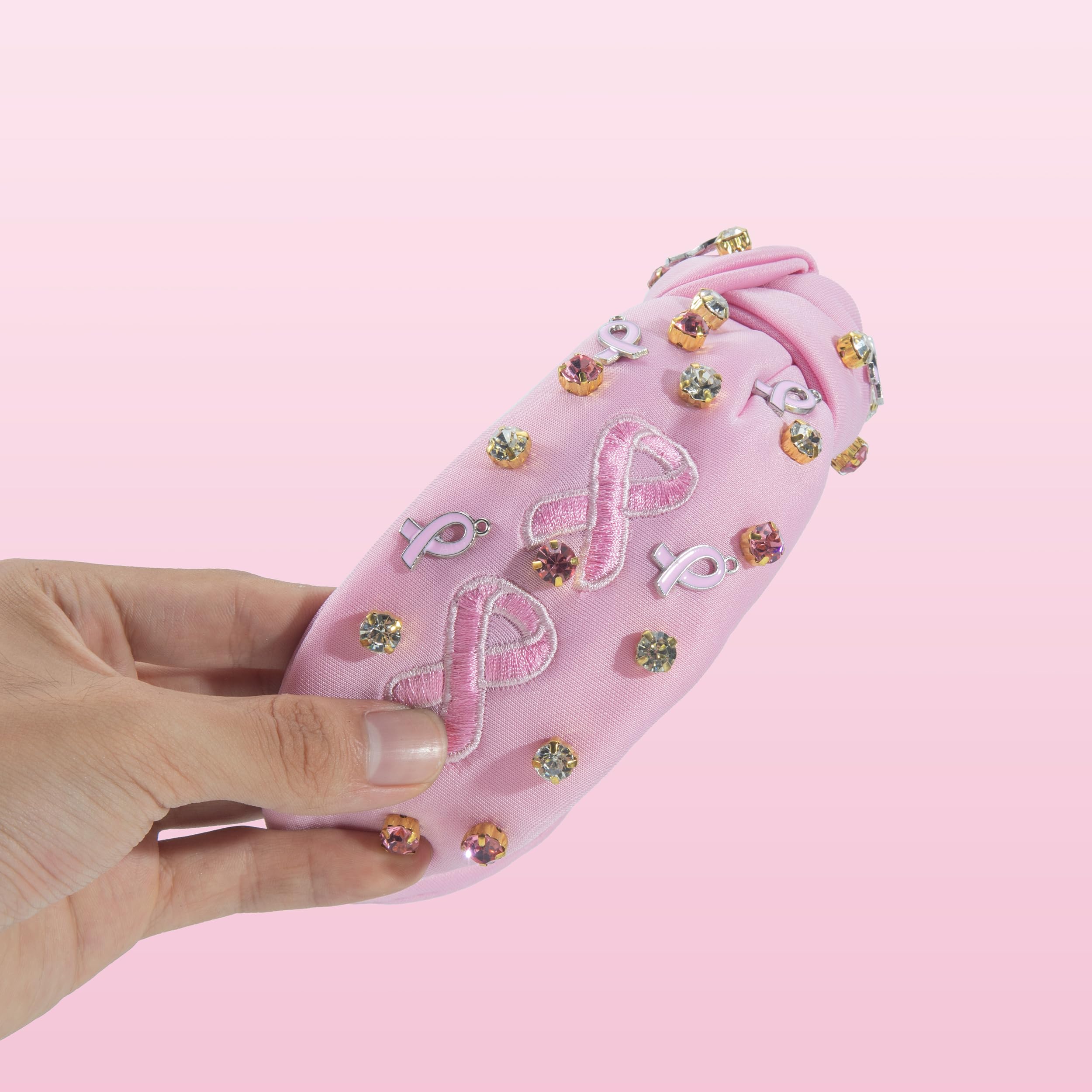 Mixcbe Holiday Pink Ribbon Headband for Women Rhinestone Breast Cancer Awareness Pink Ribbon Fright Embroidered Knot Wide Headba