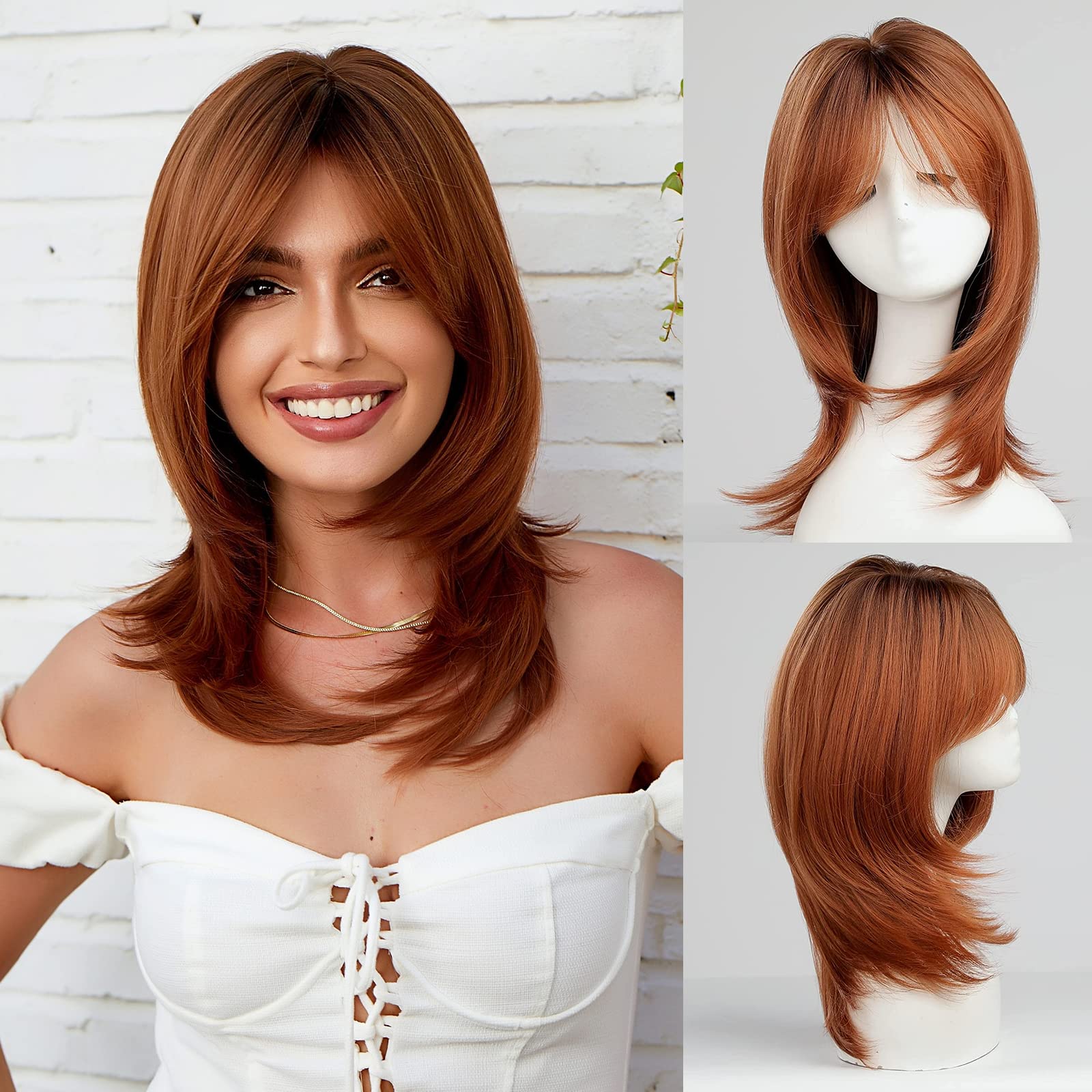 HAIRCUBE Auburn Wigs for Women,Long Layered Orange Wigs with Bangs Heat Resistant Synthetic Fibre Wigs(pelucas de cabello natura