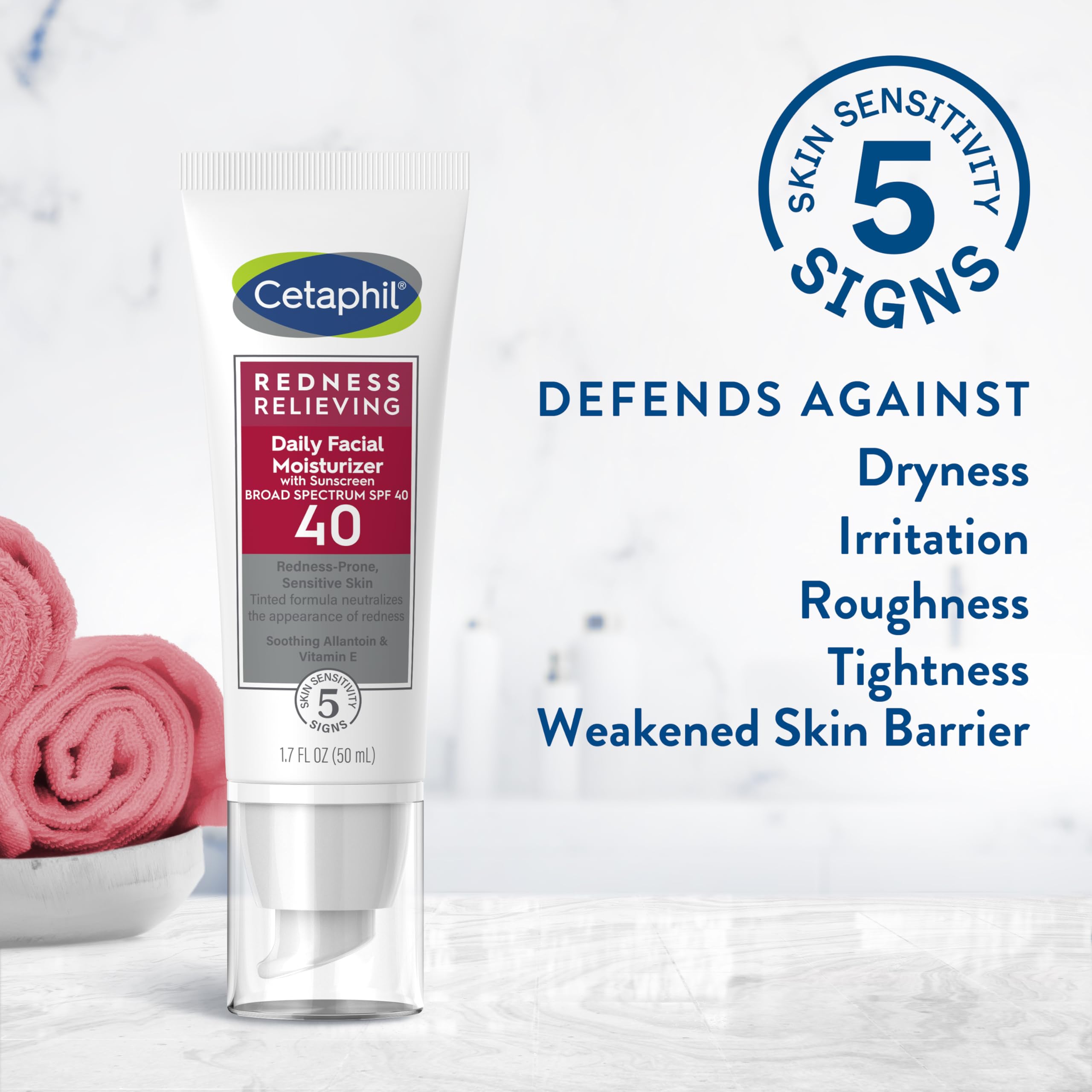 Cetaphil Redness Relieving Daily Facial Moisturizer SPF 40, 1.7 fl oz, Broad Spectrum Sunscreen, Neutral Tint for Redness-Prone Skin