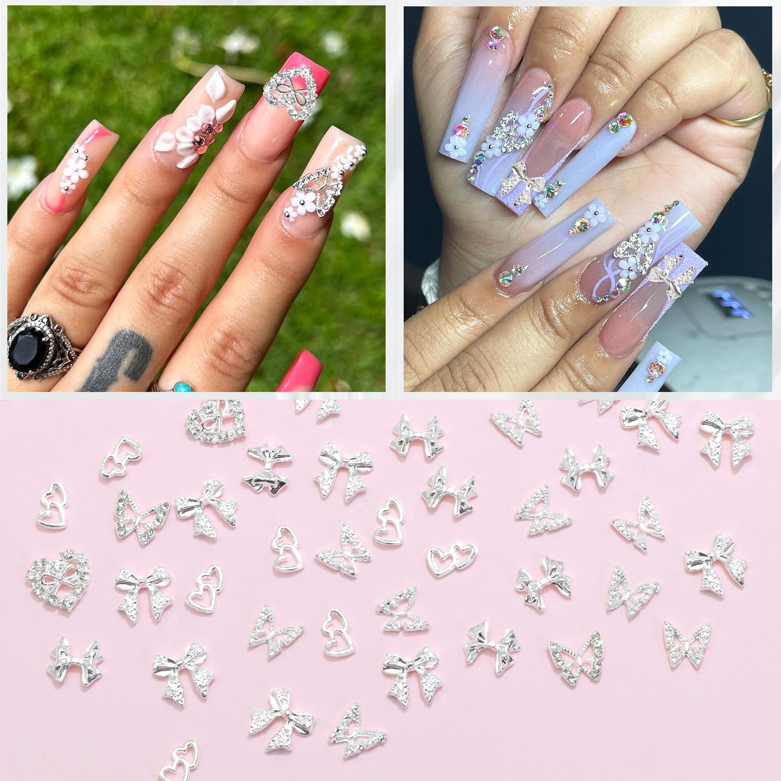 RODAKY 44PCS Silver Nail Charms Bow Butterfly Charms for Nails 3D Heart Nail Gems Y2K Nail Decoration for Women Girls Manicure D