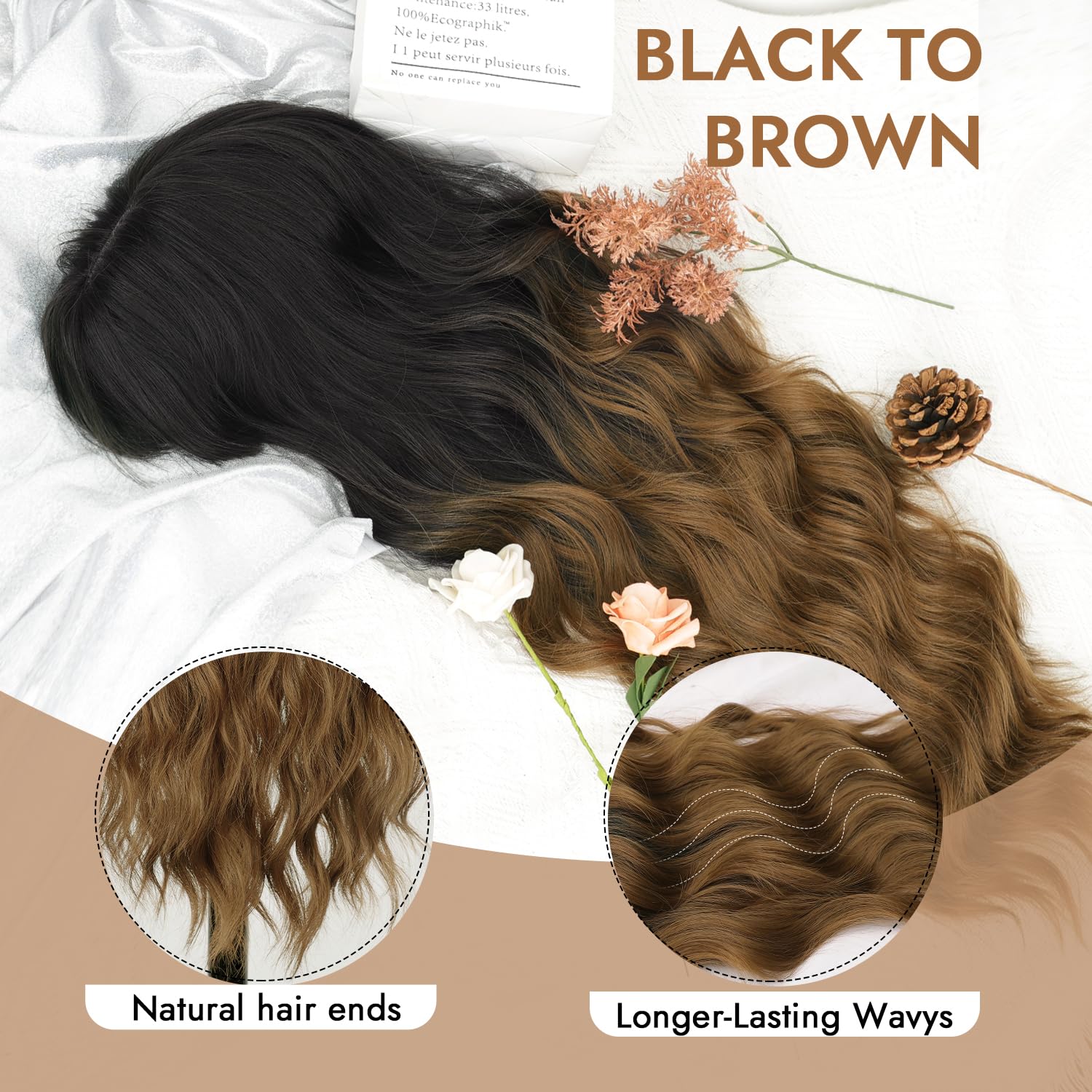 Aisi Hair Black To Brown Wig With Bangs Long Wavy Synthetic Wig For Women With Daily Party Use