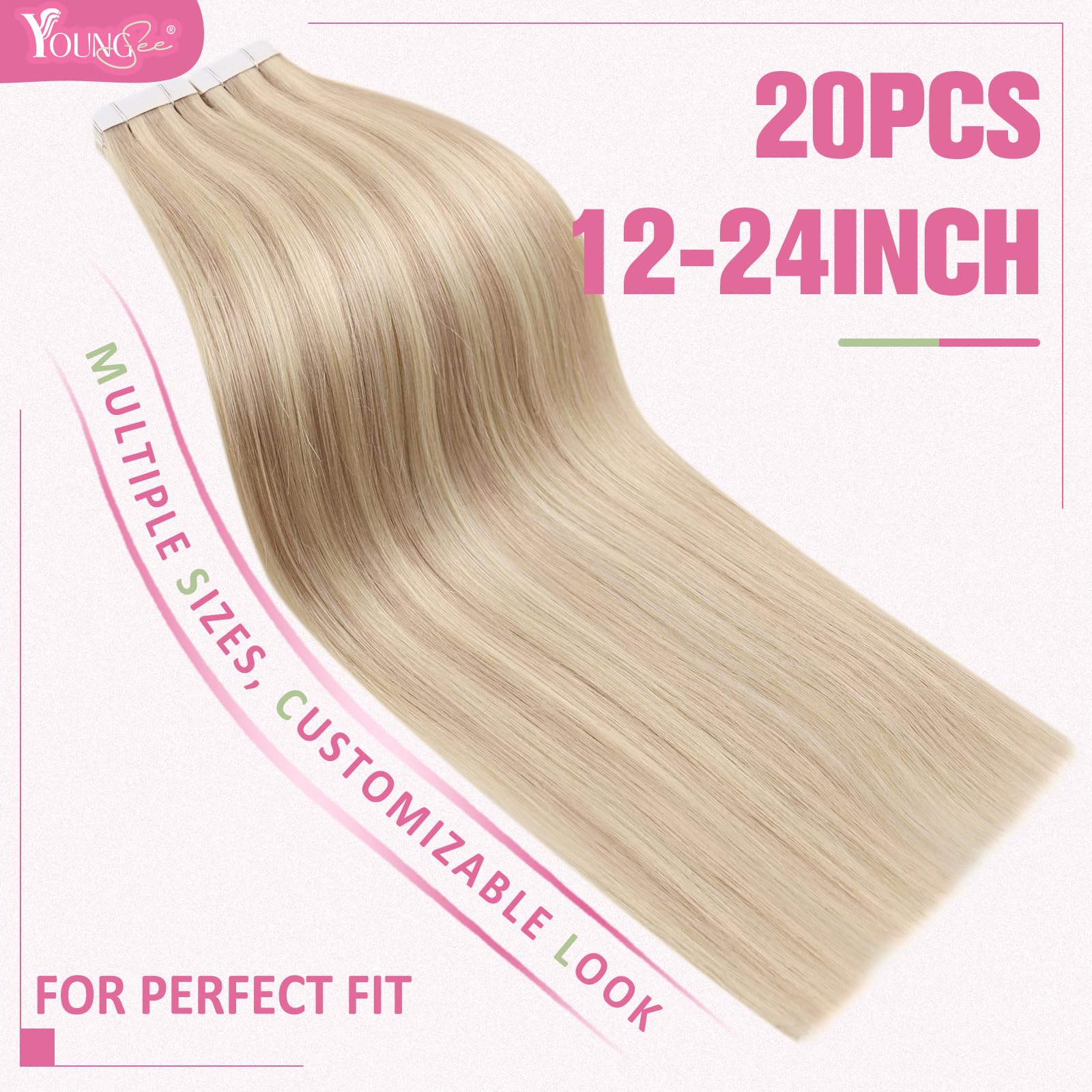 YoungSee Tape in Human Hair Extensions Blonde Highlight Hair Tape in Extensions Light Blonde Highlighted Strawberry Blonde Tape