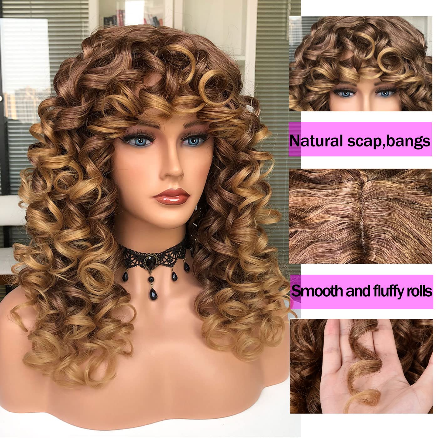 Annivia Curly Wig With Bangs For Black Women Ombre Blonde Kinky Long Curly Shag Synthetic Hair Wigs Daily Use Cosplay 17 Inch