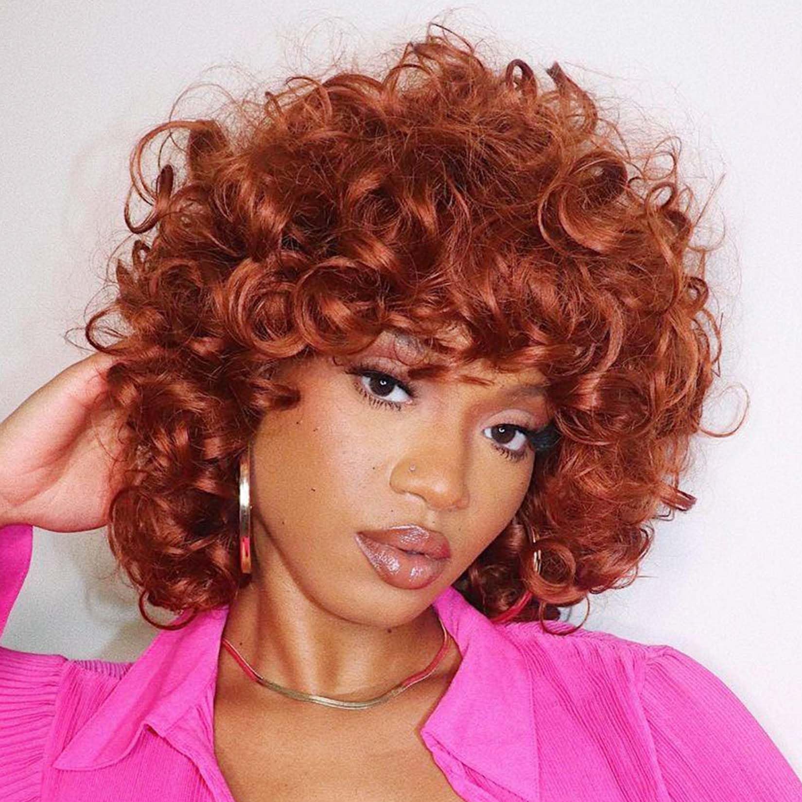 andromeda Auburn Wigs for Black Women Soft Short Big Curly Wig with Bangs Afro Loose Cute Curly Heat Resistant Natural Looking S