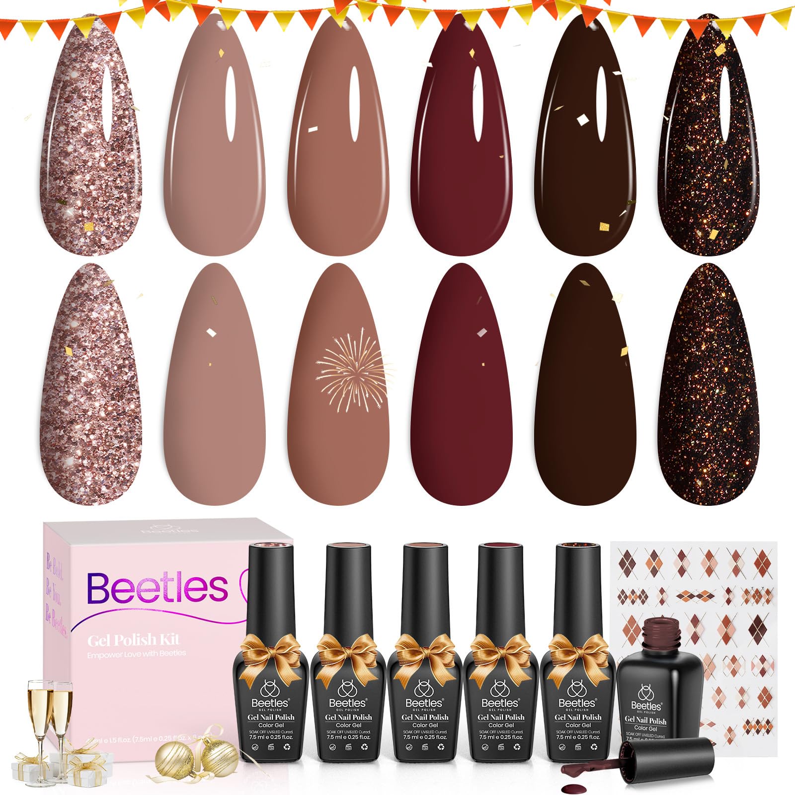 Beetles Gel Polish Set-6 Colors 7.5ml Winter Nail Gel Kit Burgundy Academia Aesthetic Gold Glitter Dark Brown Red Black Sparkle 