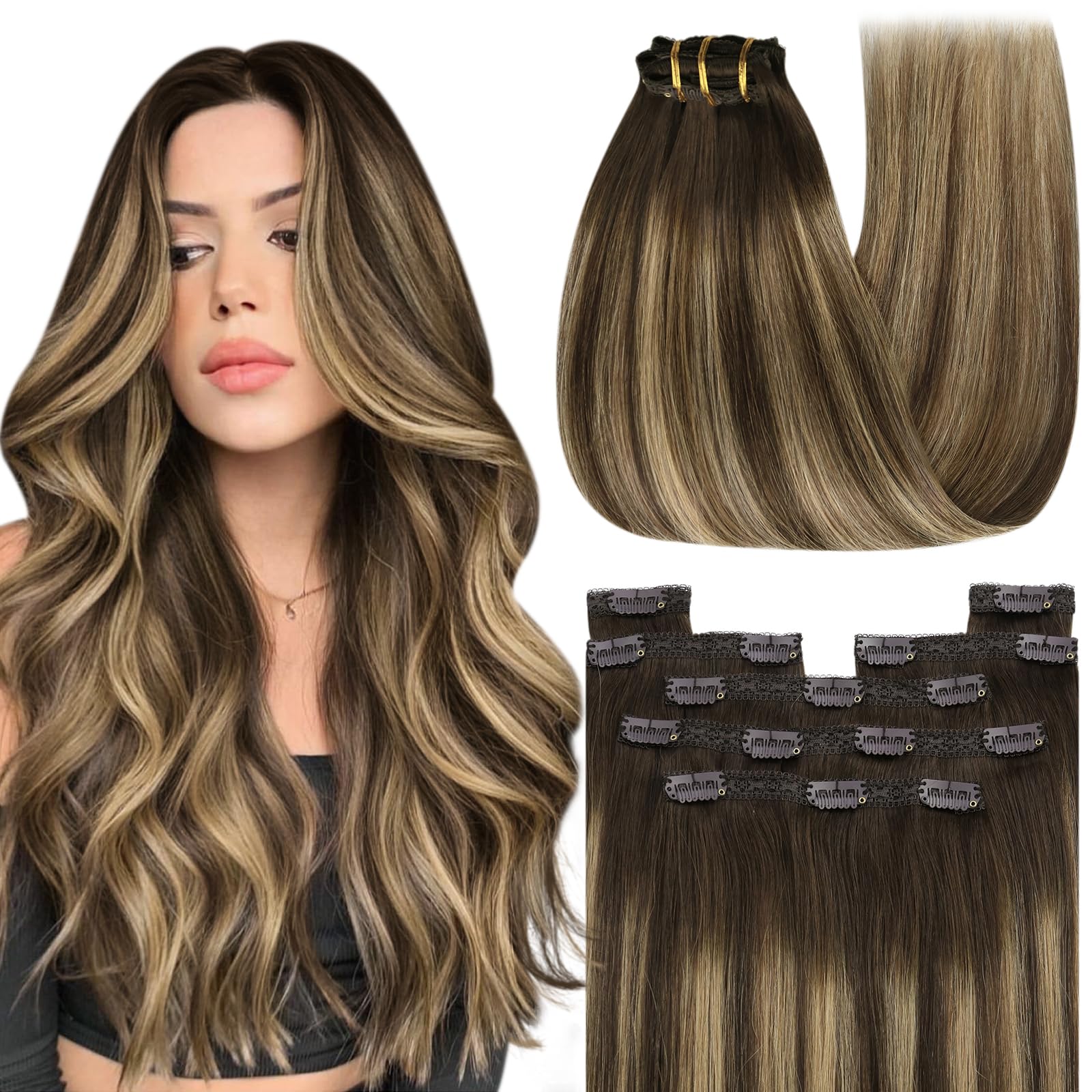 YoungSee Balayage Clip in Hair Extensions Human Hair 12inch Clip in Hair Extensions Dark Brown with Caramel Blonde Balayage Huma