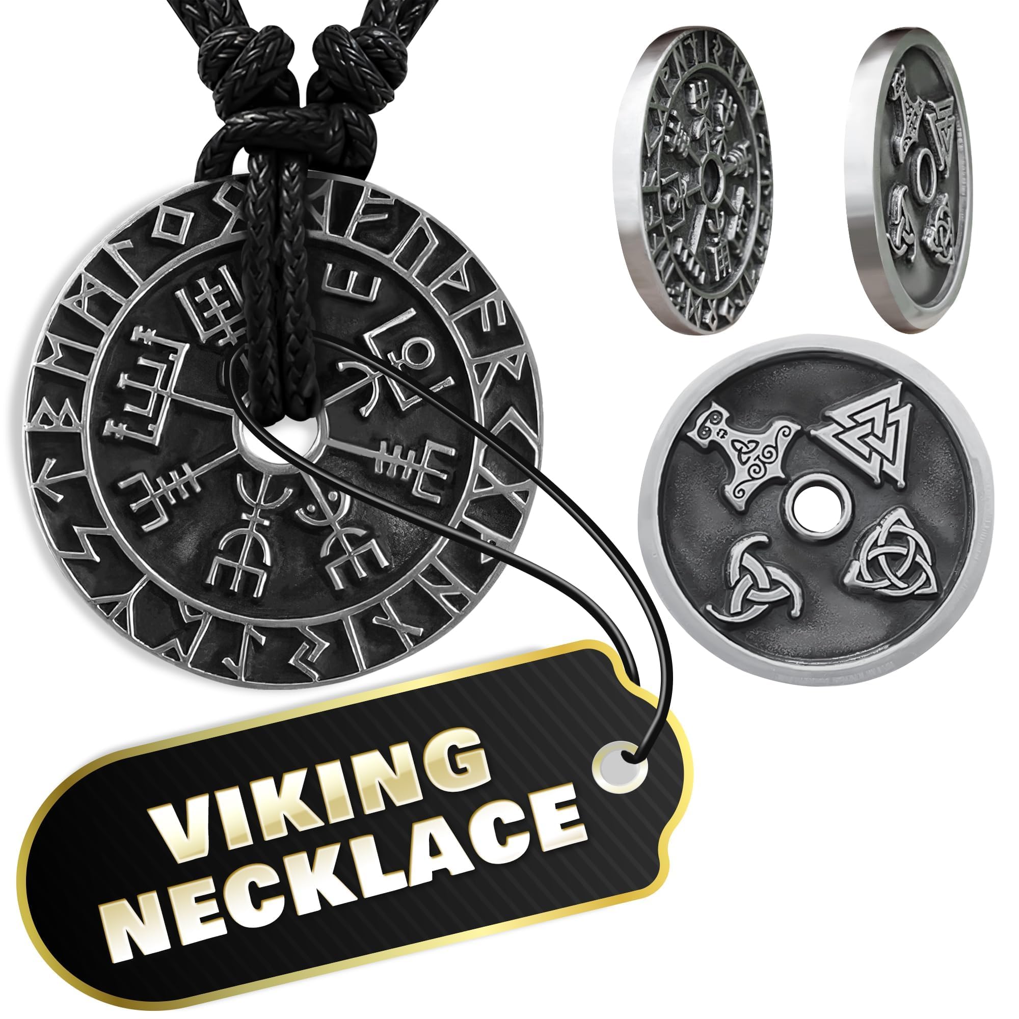 Viking Gifts for Men - Double-Sided Viking Necklace for Men with Rune Compass Pendant - Norse Amulet-Inspired Jewelry with 24  C