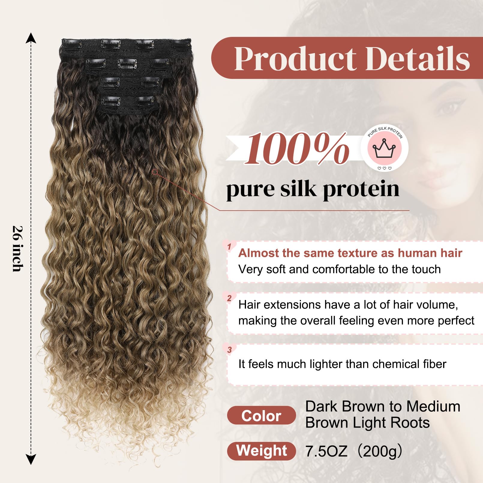 Lonai 4Pc Clip In Hair Extensions, 100% Pure Protein Silk Curly Hair Extension For Women, 26 Inch Long Soft Natural Hair Extensi