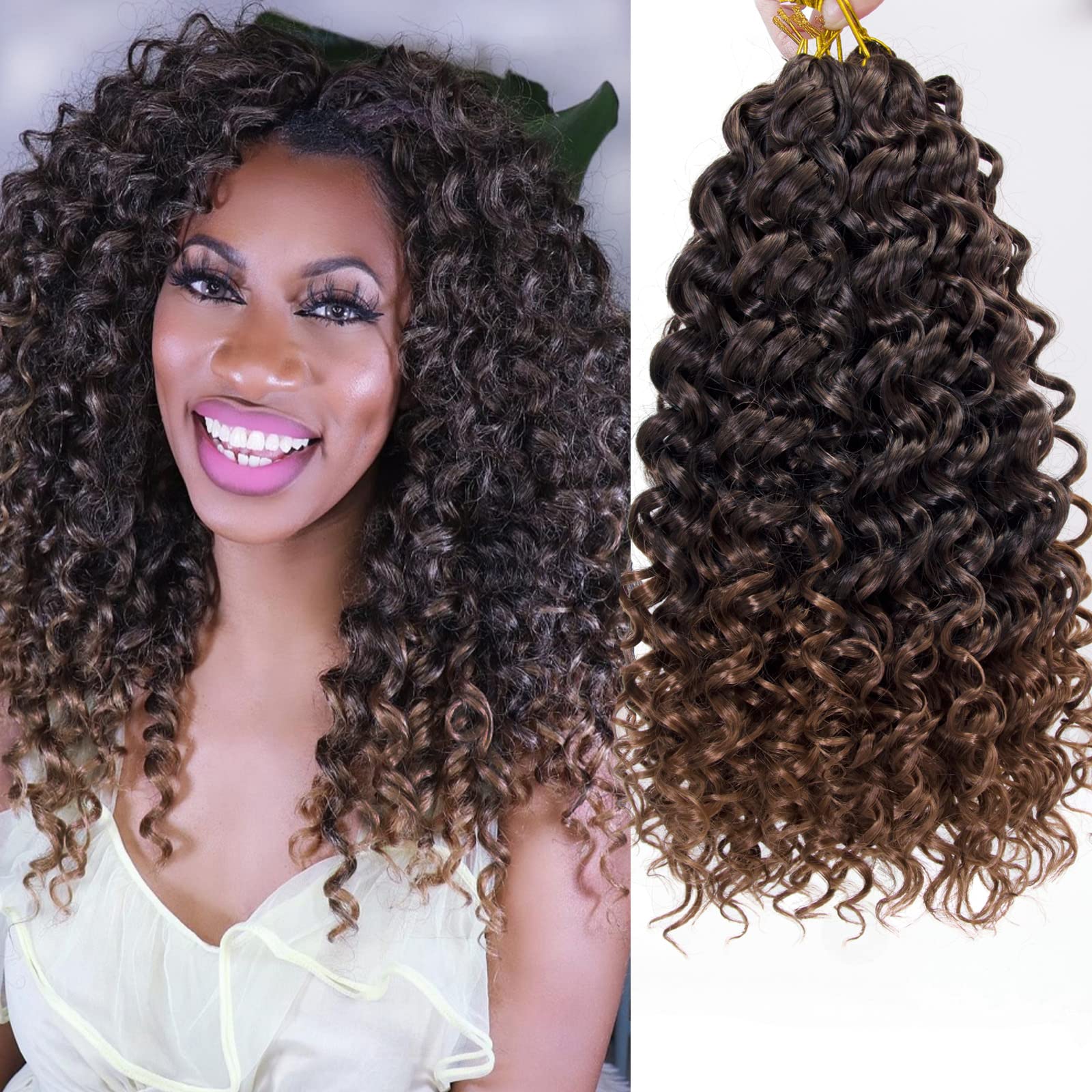 GoGo Curl Crochet hair 14inch Beach Curl Crochet hair Bohemian Crochet Braids Ombre Brown Deep Wave Braiding hair Extensions (14