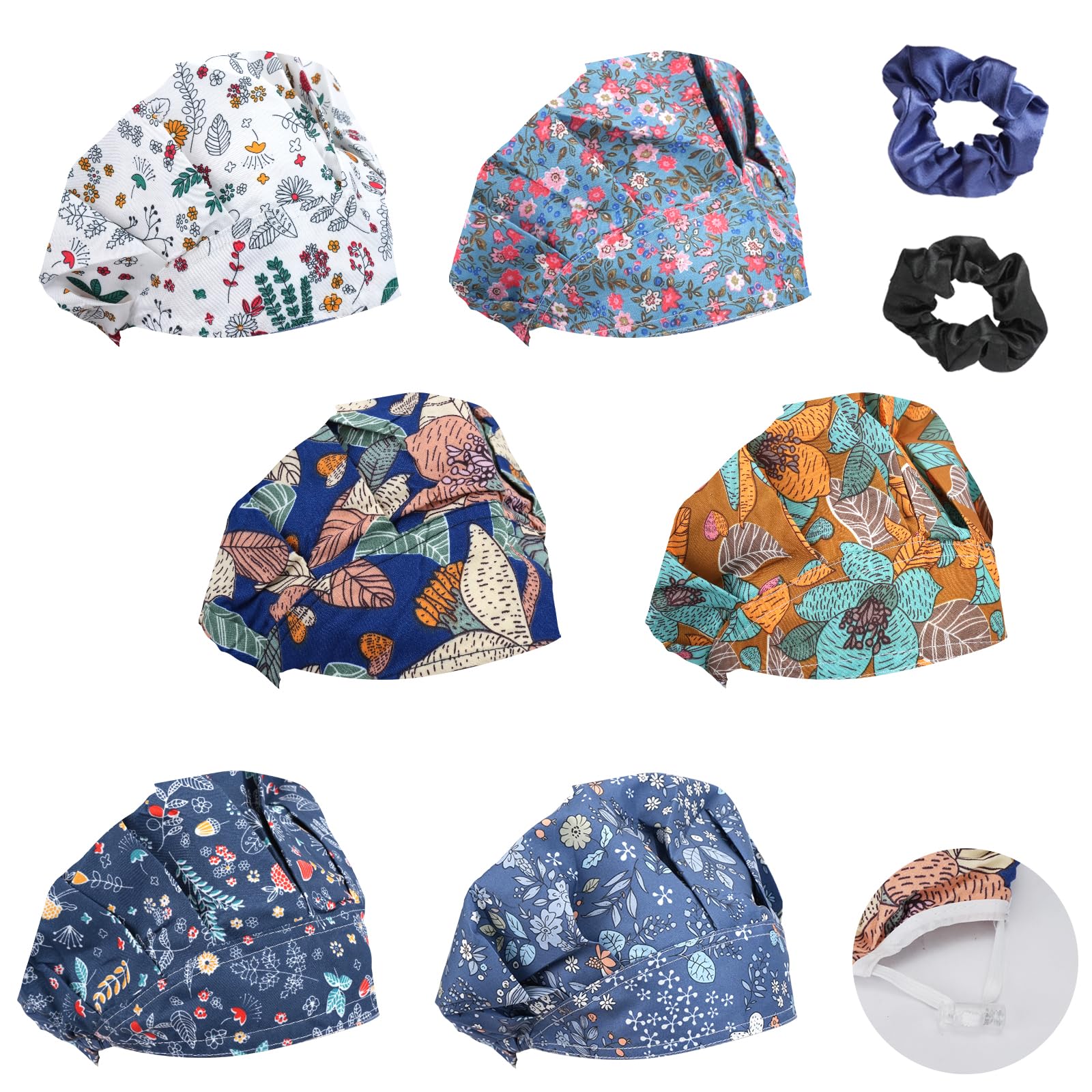 6 Pcs Bouffant Scrub Caps with 2 Satin Scrunchies, Adjustable, 6 Styles