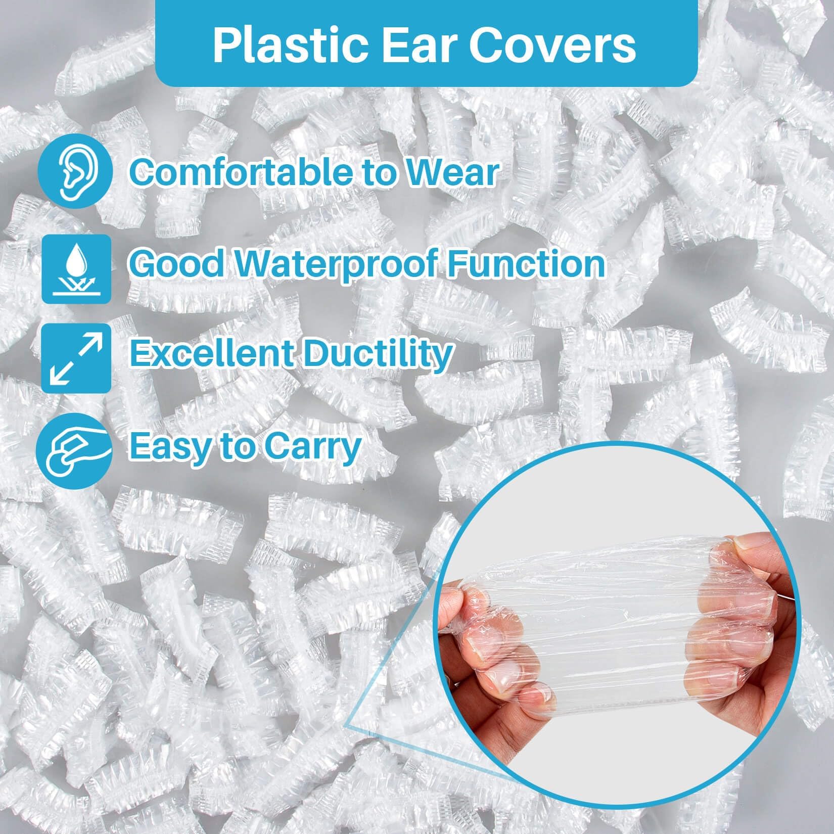 MAQIHAN Disposable Ear Covers - 300 Pack Waterproof Plastic Ear Protection for Hair Dye, Shower, Salon, Home - Transparent, Size A