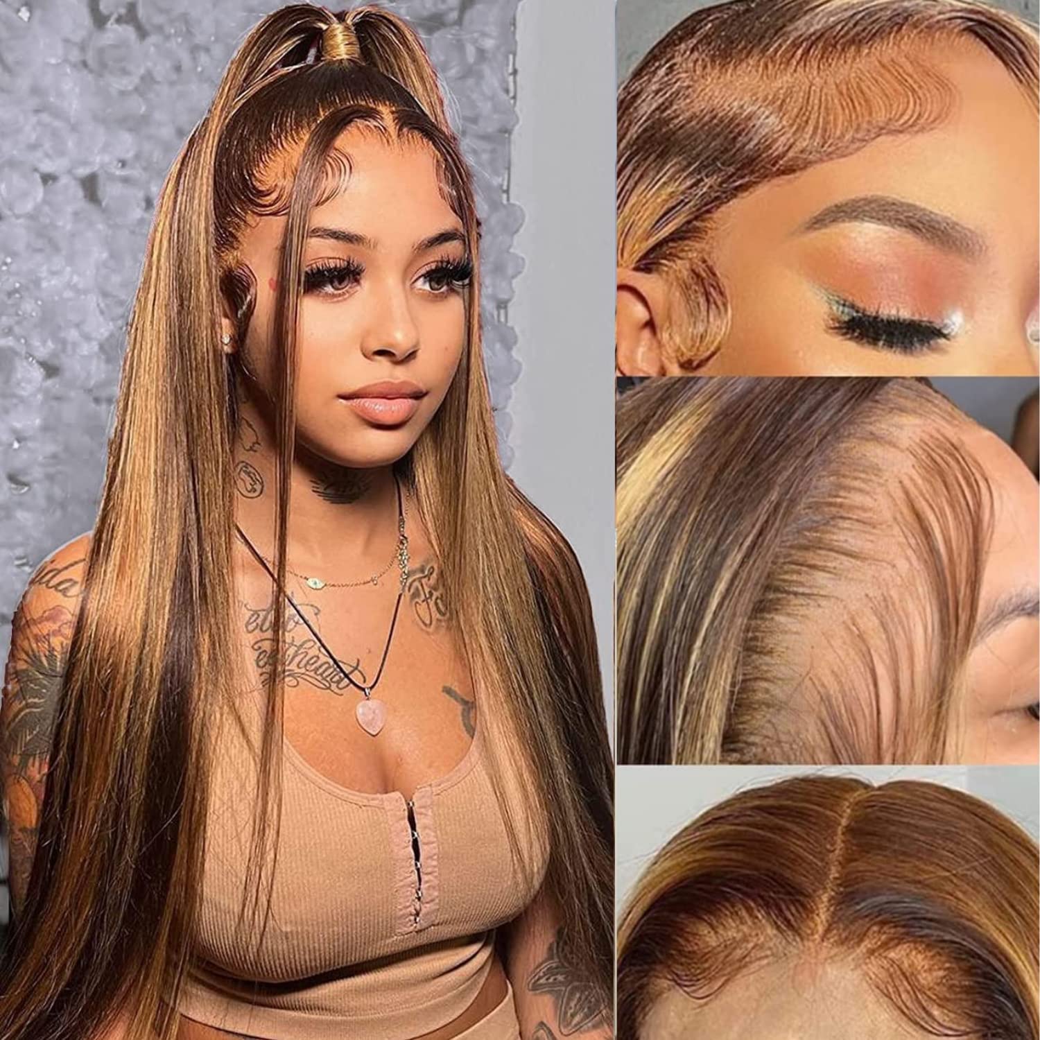 SUPERLOOK 13x4 Highlight Lace Front Wigs Human Hair 4/27 Honey Blonde Lace Front Wig Human Hair 200% Density HD Transparent Ombr