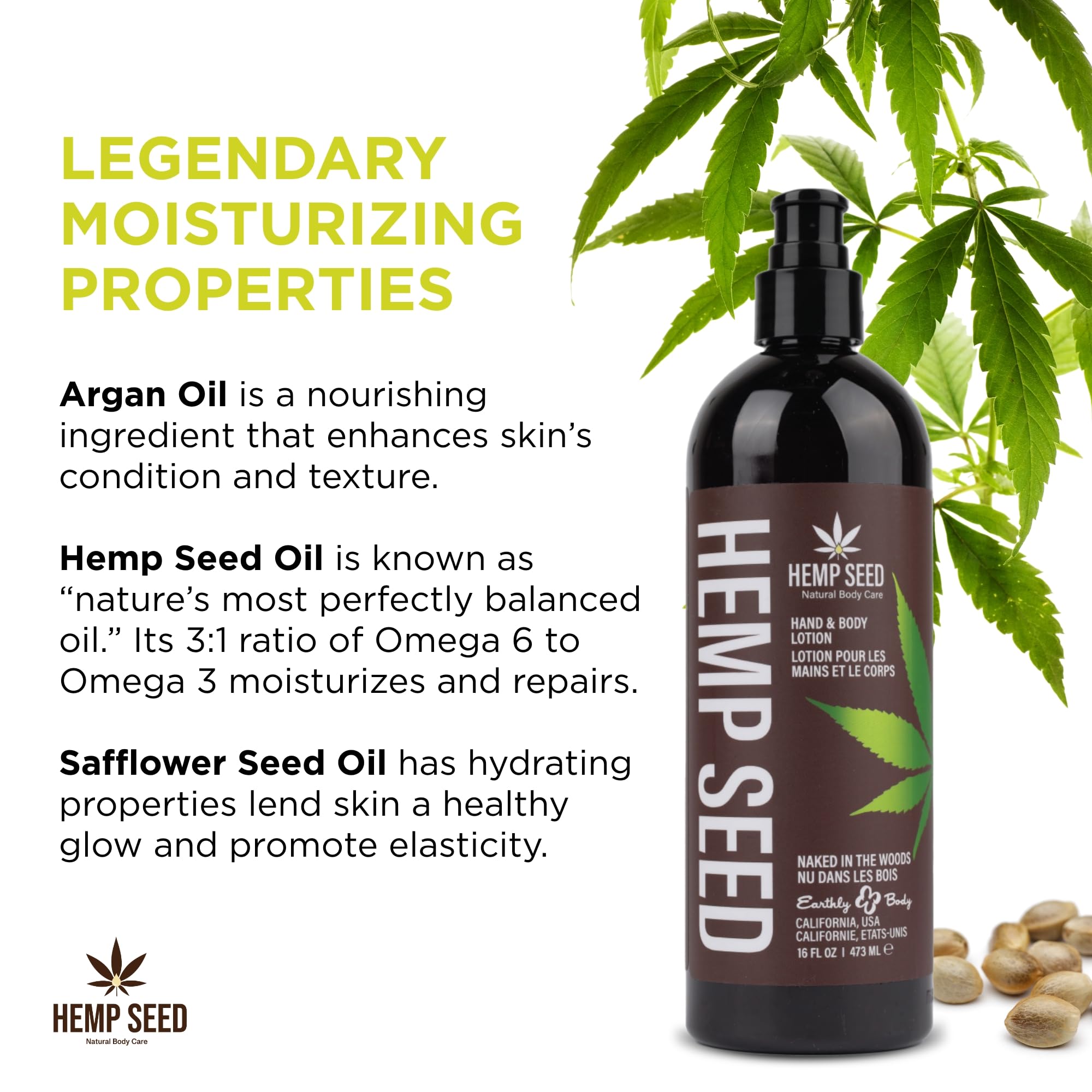 Hemp Seed Hand & Body Lotion, Naked in the Woods Scent - 16 oz. - Soothe Dry Skin - Argan Oil, Hemp Seed Oil - Light, Non-Greasy