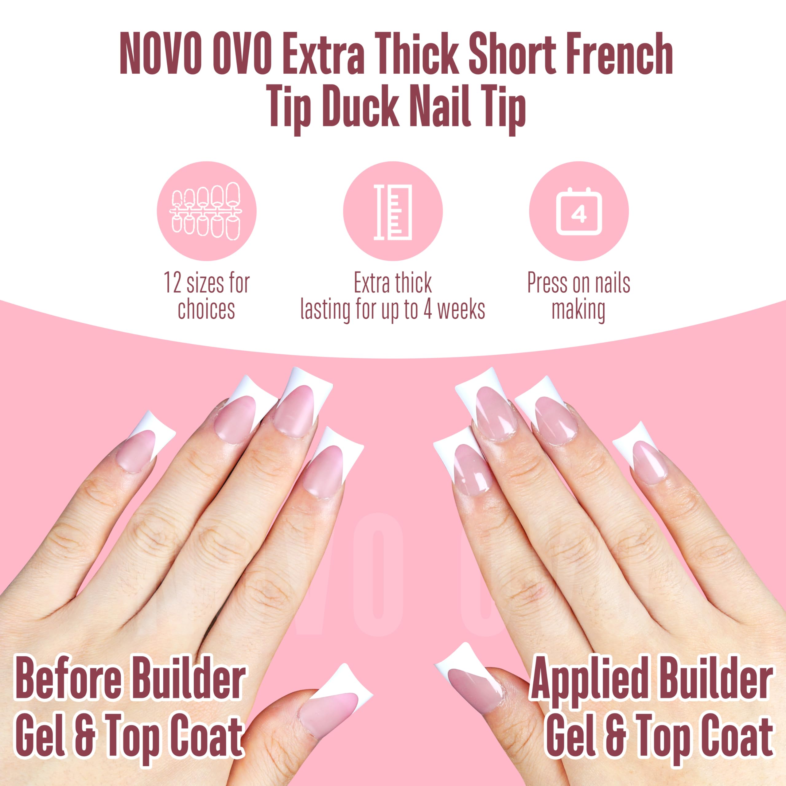 NOVO OVO White French Tip Short Duck Nail Tips Press on, BERRY PINK Pre-designed Soft Gel Nail Extension, Extra thick Full Cover