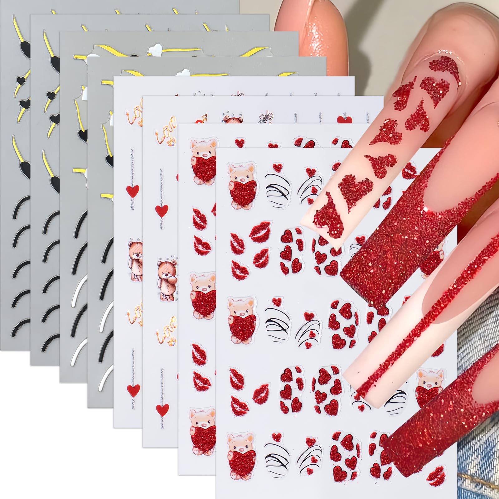 8Sheets Valentines Heart Bear Nail Stickers Gold Line Heart Nail Decals 3D Self-Adhesive Red Glitter Heart Lips Love Heart Nail 