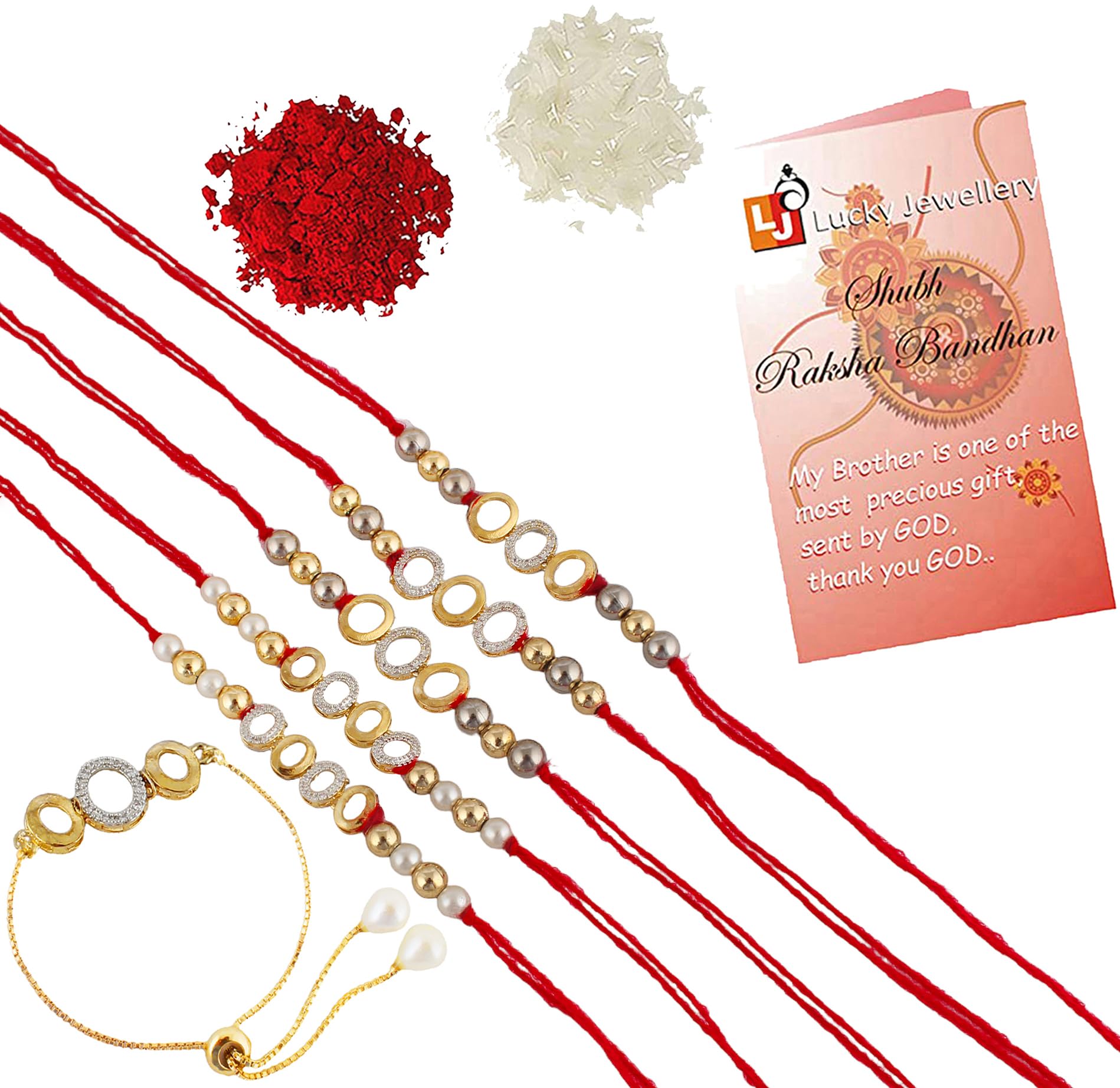 Lucky Jewellery Designer American Daimond Gold Plated Combo White Color Ad Rakhi For Bro/Brother/Bhaiya/Bhai/Bhabhi (Pack Of 6) 