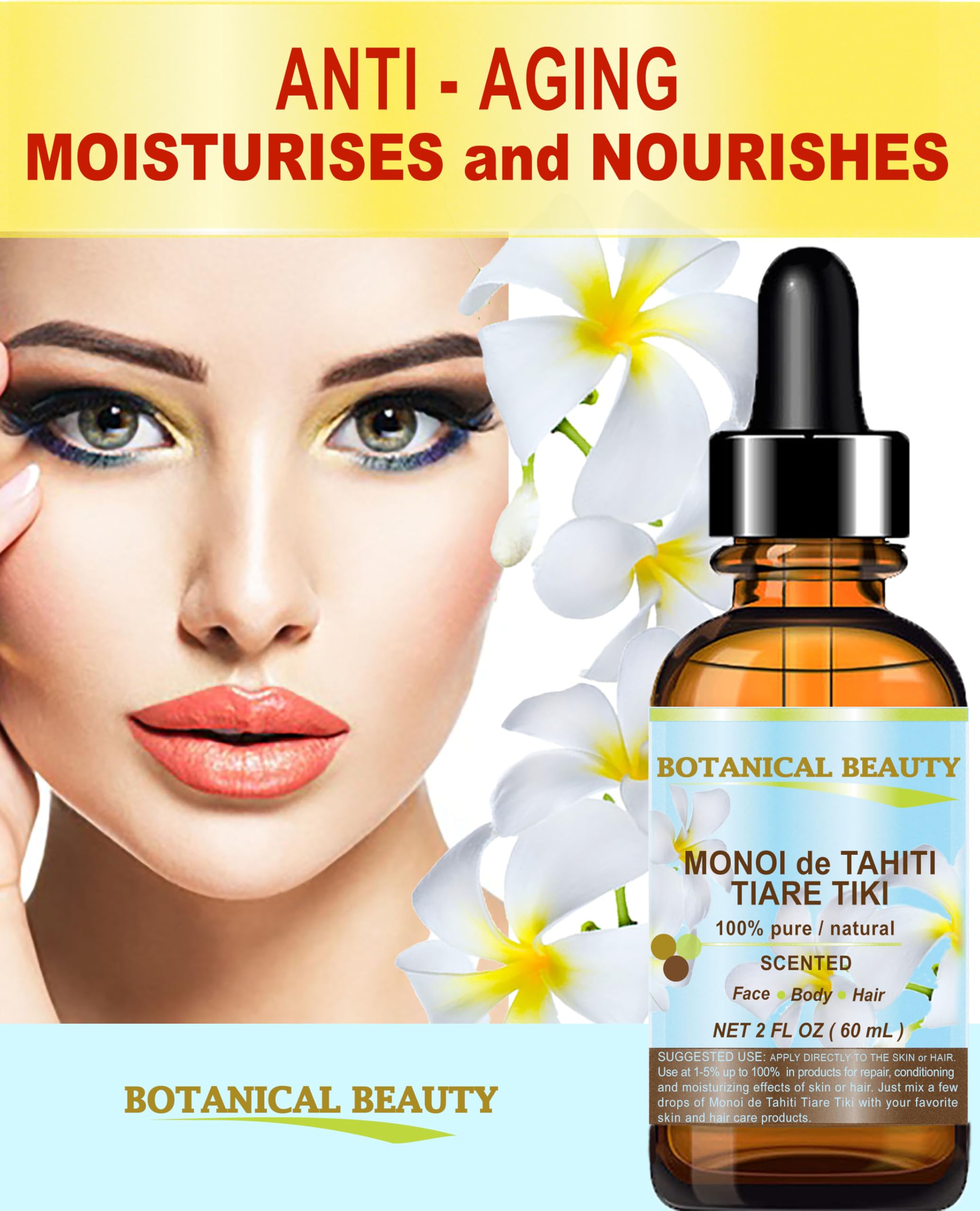 Botanical Beauty MONOI de TAHITI OIL TIARE TIKI 100% Pure Natural Undiluted Virgin 1 Fl. Oz.- 30 ml for FACE, SKIN, BODY, HAIR,